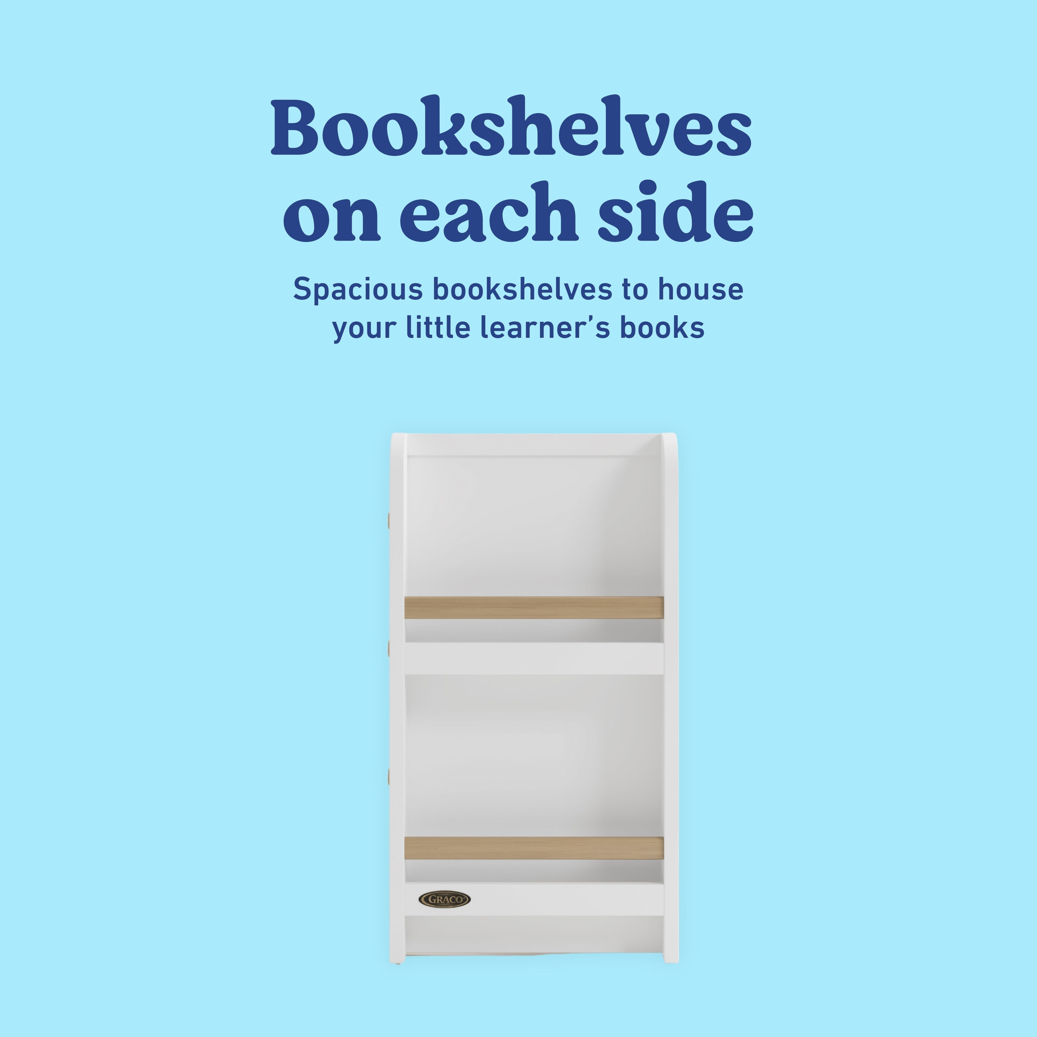 Read-with-Me white and driftwood 6 drawer dresser bookshelves callout