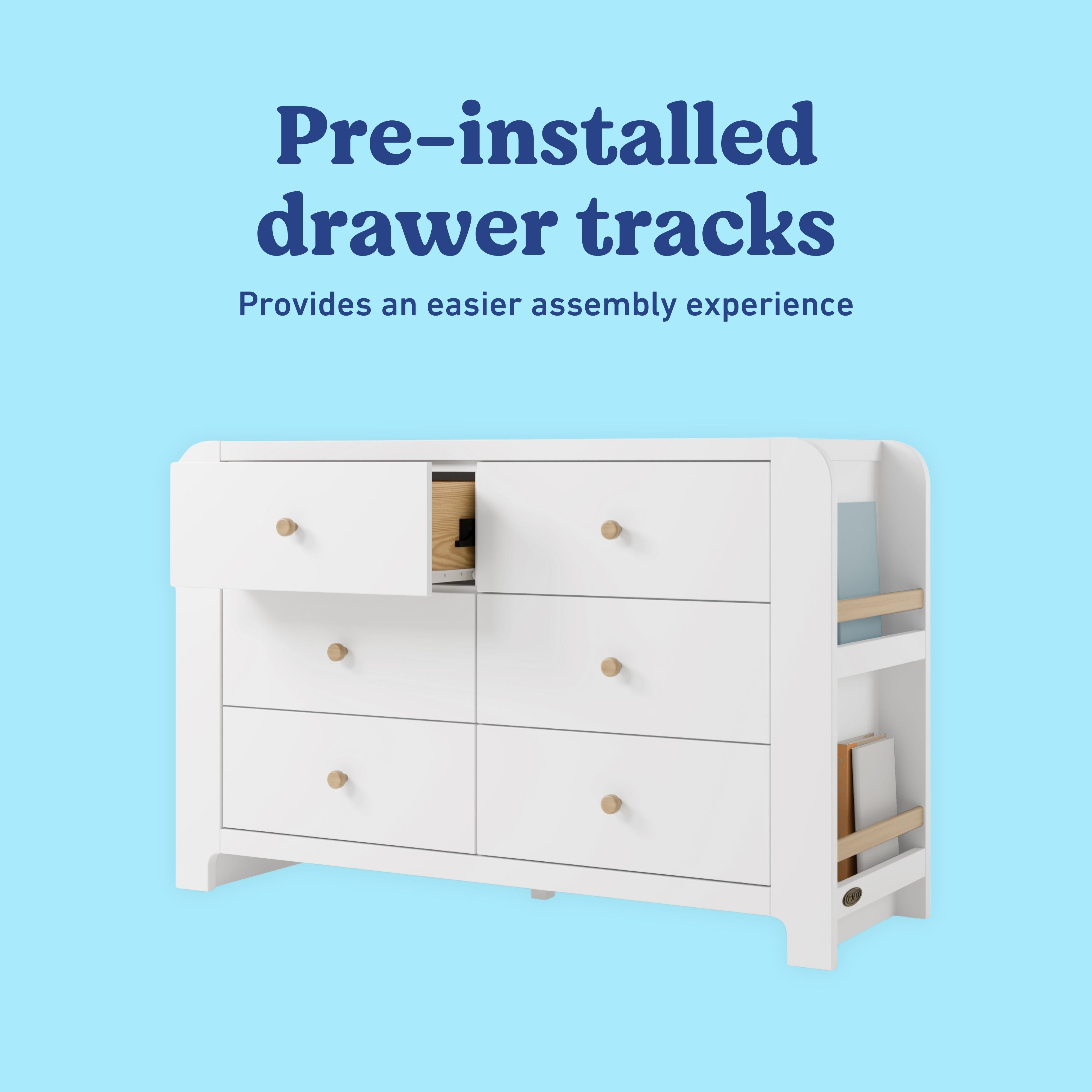 Read-with-Me white and driftwood 6 drawer dresser pre-installed tracks callout