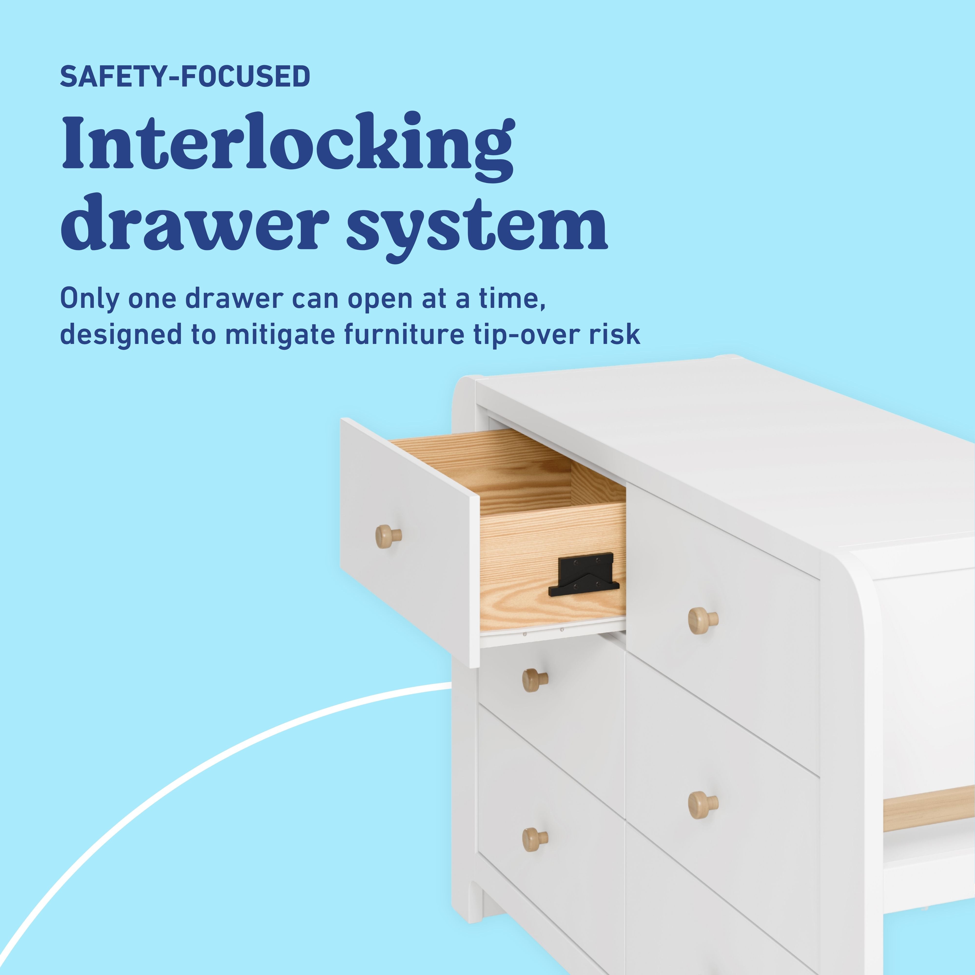 Read-with-Me white and driftwood 6 drawer dresser interlocking drawers callout