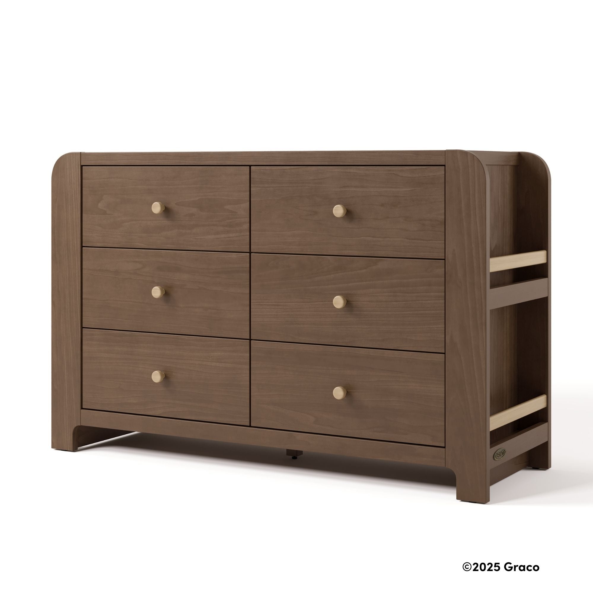 Read-with-me hazelnut with driftwood 6 drawer dresser with 2025 Graco copyright on bottom right