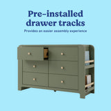 Read-with-Me olive and driftwood 6 drawer dresser pre-installed tracks callout