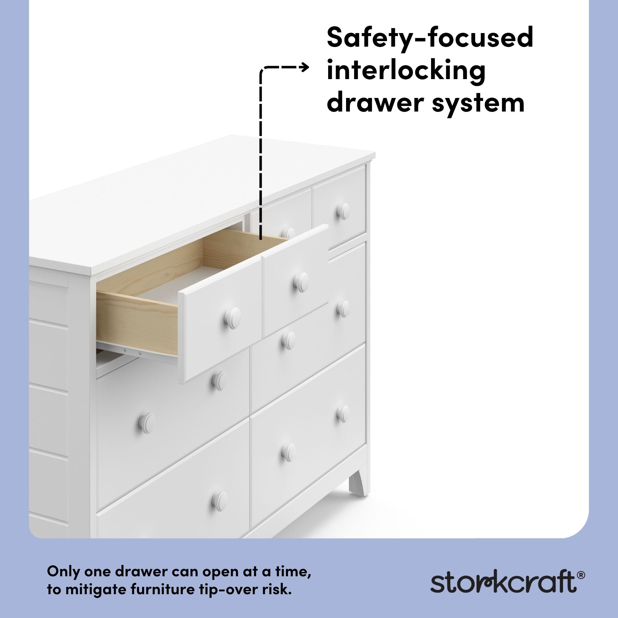 Moss white 6 drawer dresser interlocking drawer callout