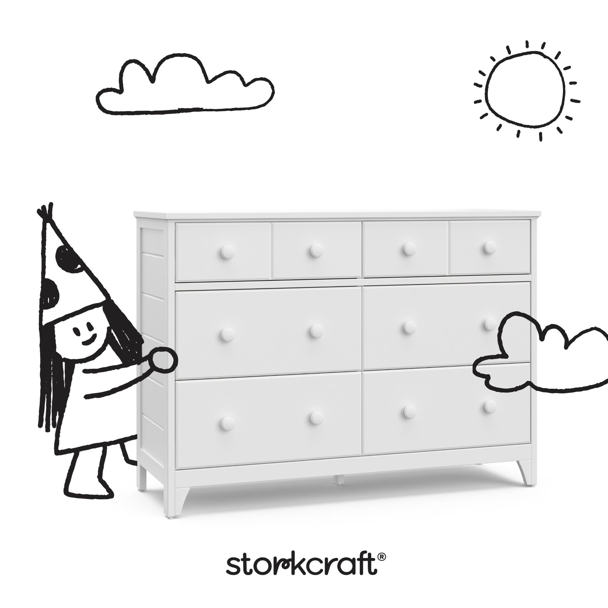 Moss white 6 drawer dresser with black doodles overlaid on image