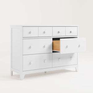 Angled view of white 6 drawer dresser with one drawer open