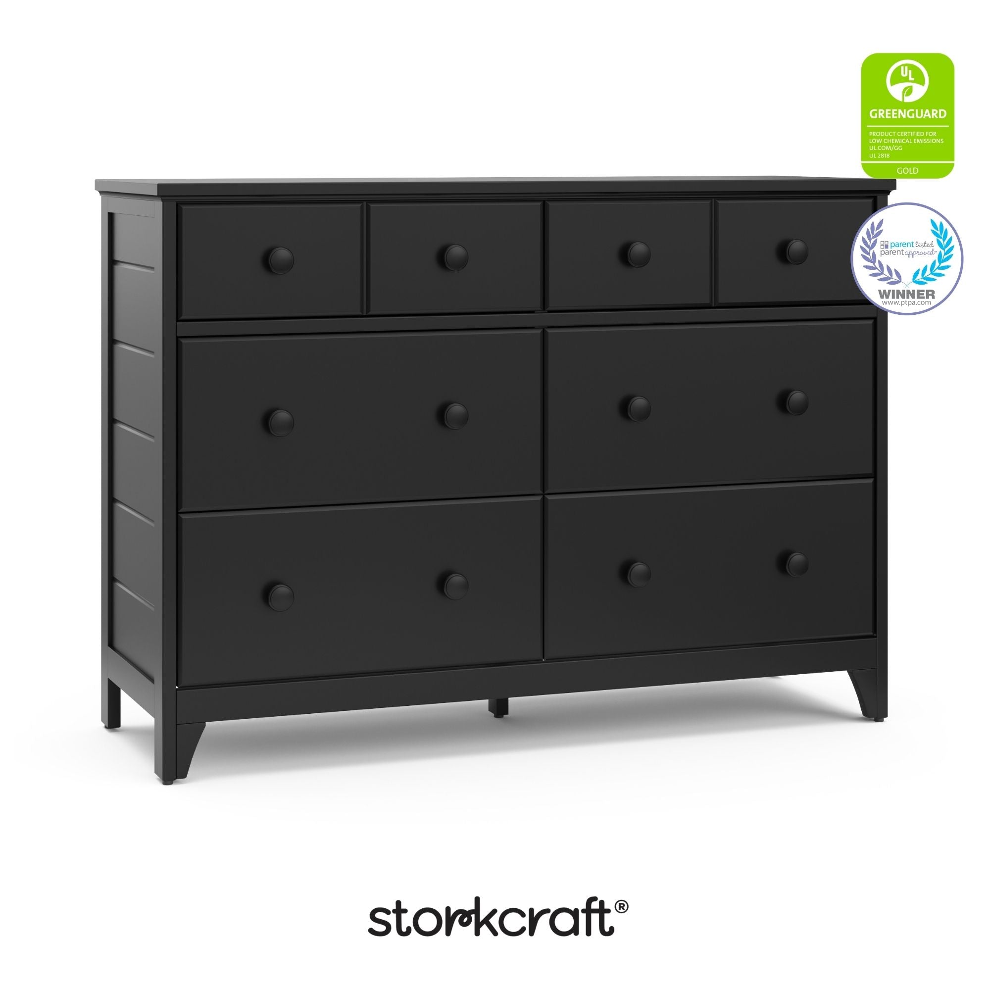 Moss black 6 drawer dresser with GGG and PTPA logo on top left