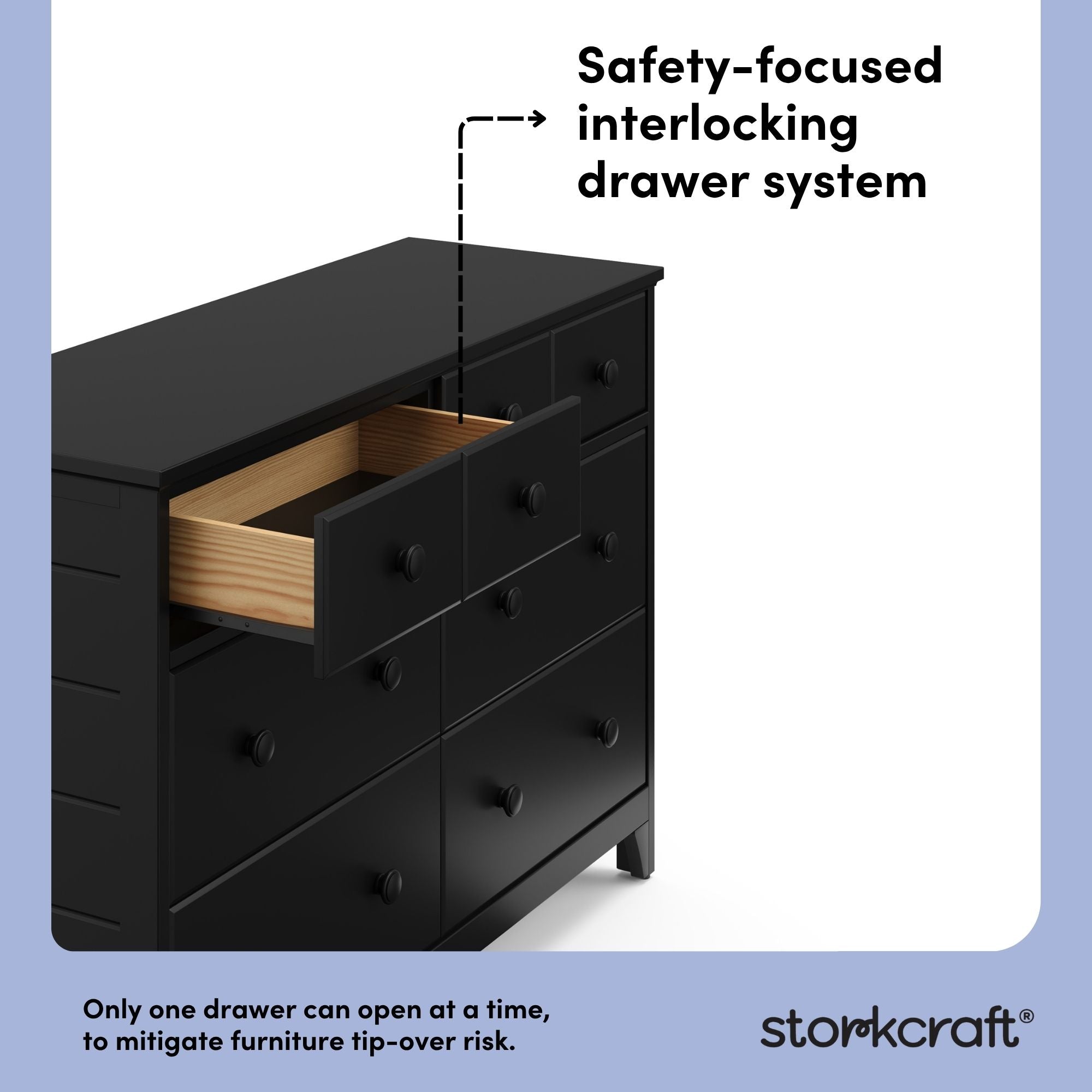 Moss black 6 drawer dresser interlocking drawer callout