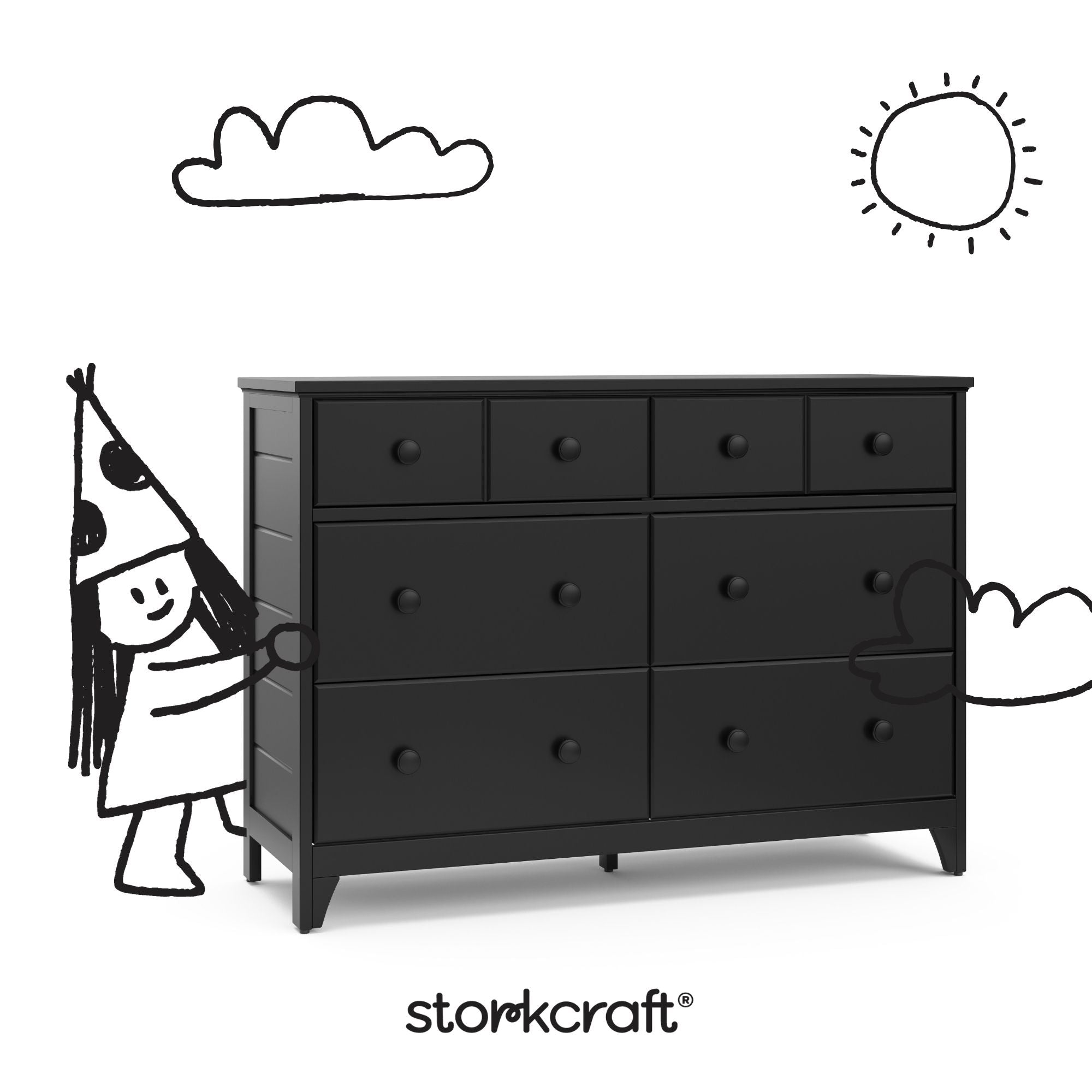 Moss black 6 drawer dresser with black doodles overlaid on image