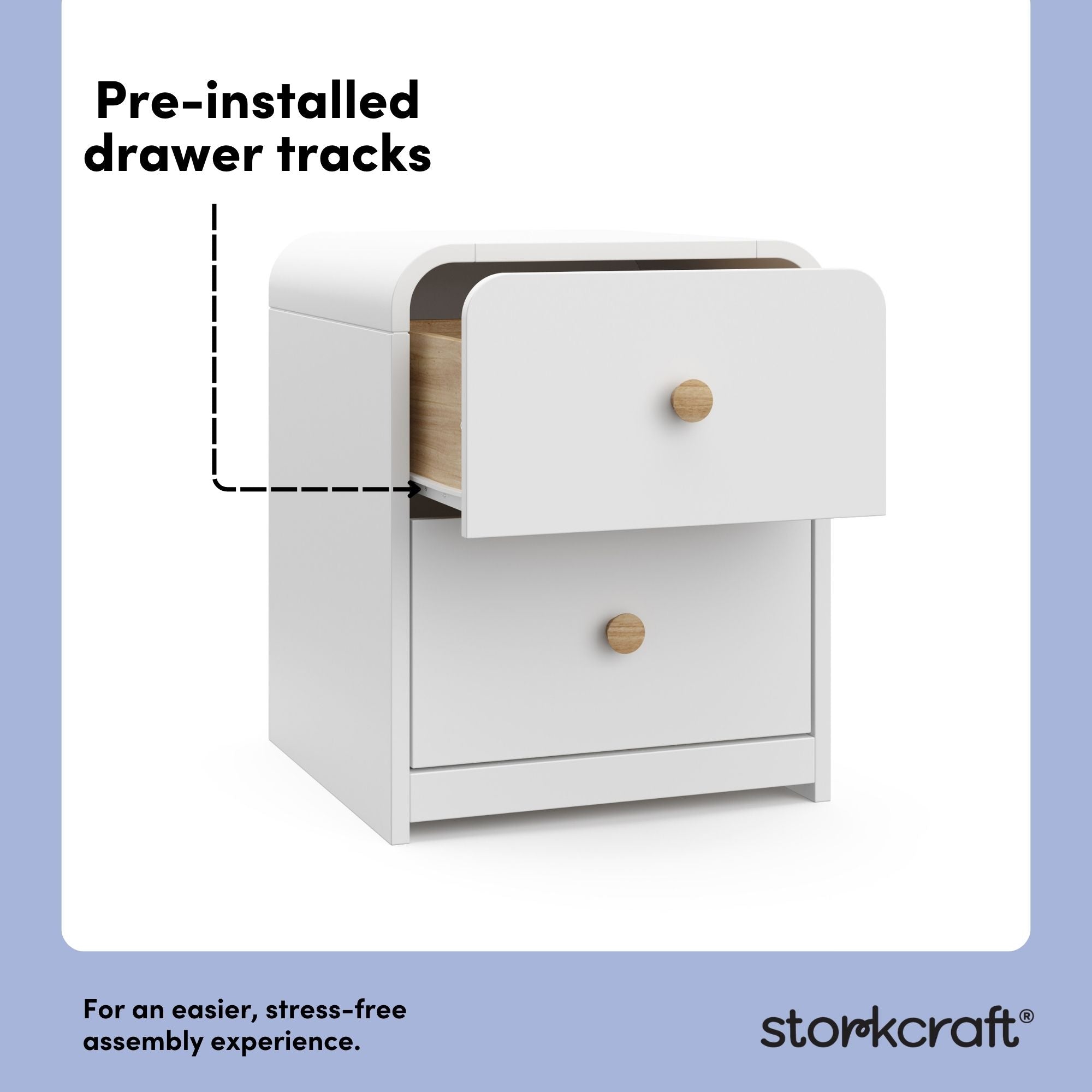 Santos white nightstand pre-installed drawer tracks callout