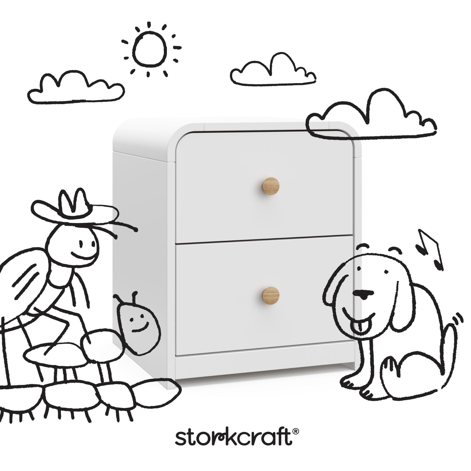 Santos white nightstand with black doodles overlaid on image