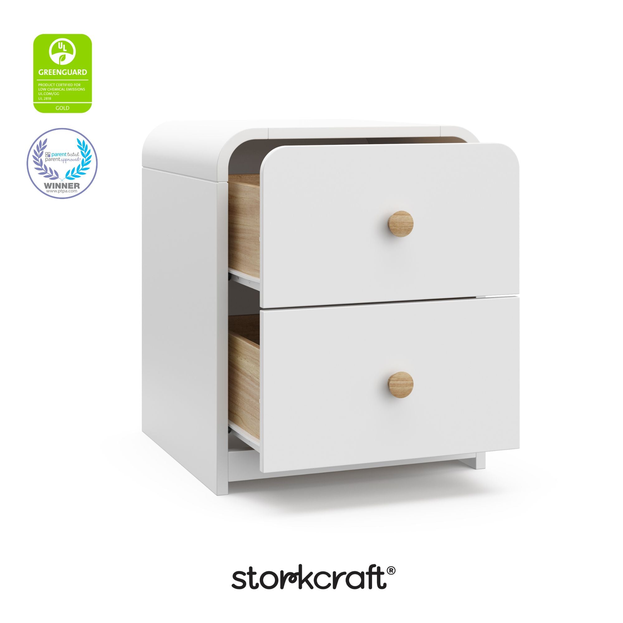 Santos white nightstand with GGG and PTPA logos on top left