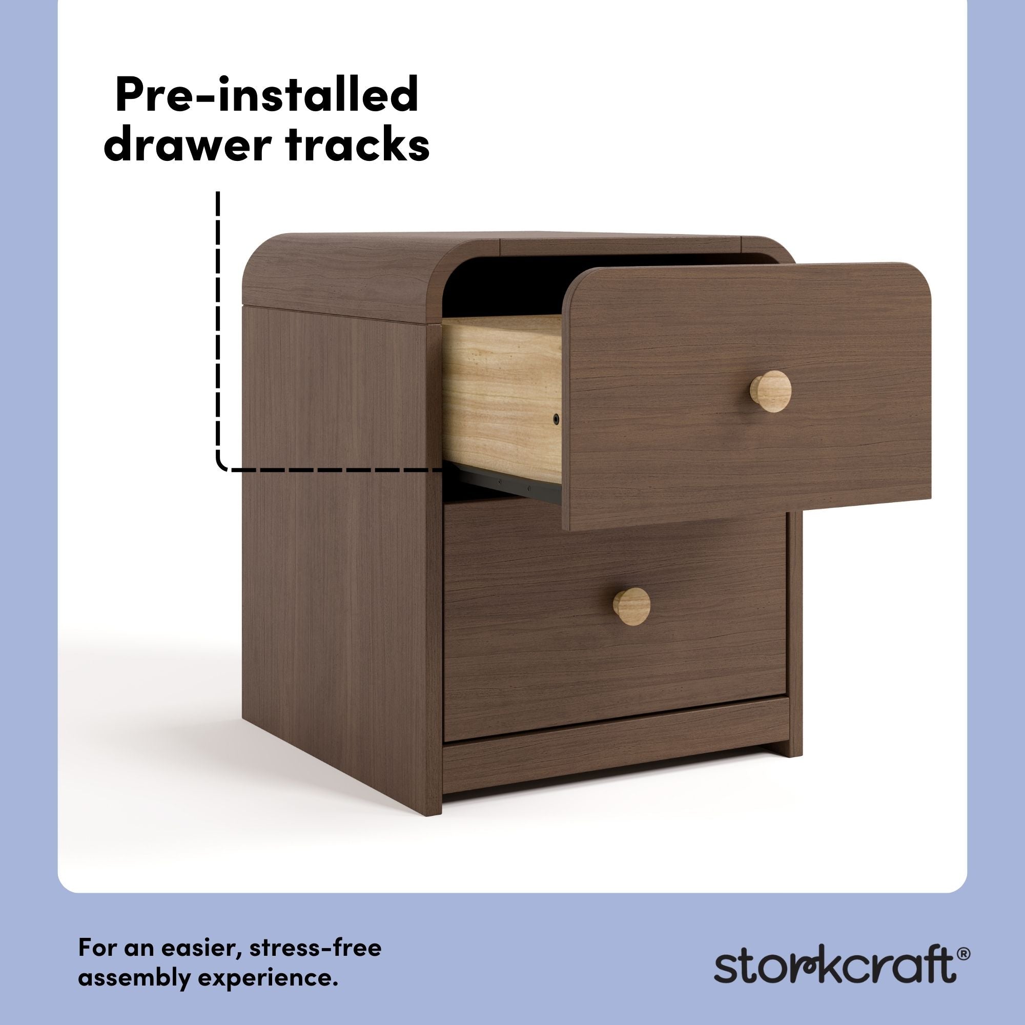 Santos hazelnut nightstand pre-installed drawer tracks callout