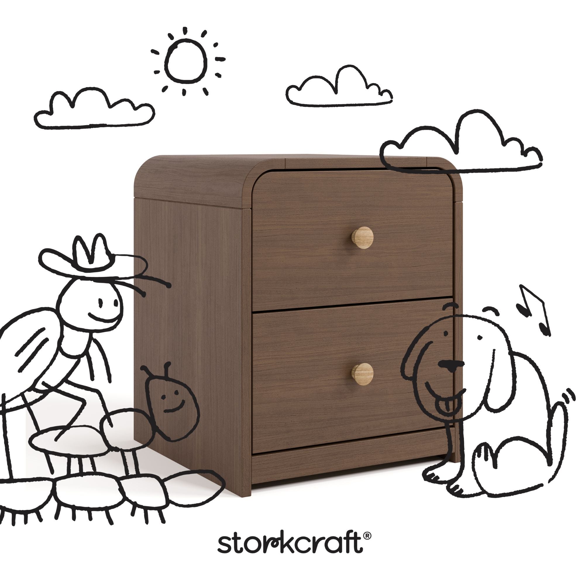 Santos hazelnut nightstand with black doodles overlaid on image