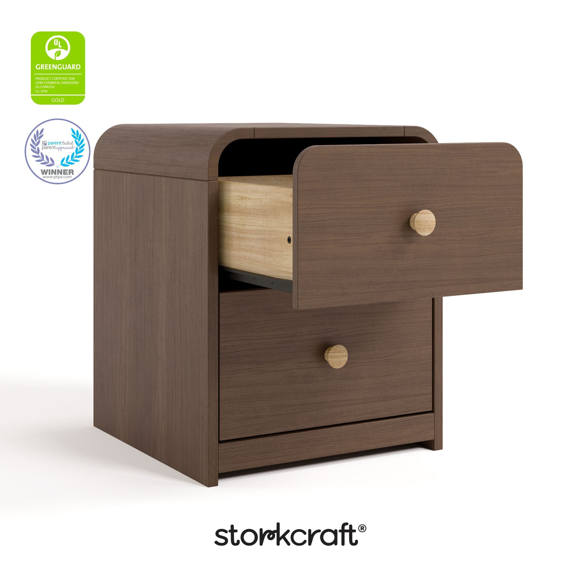 Santos hazelnut nightstand with GGG and PTPA logos on top left