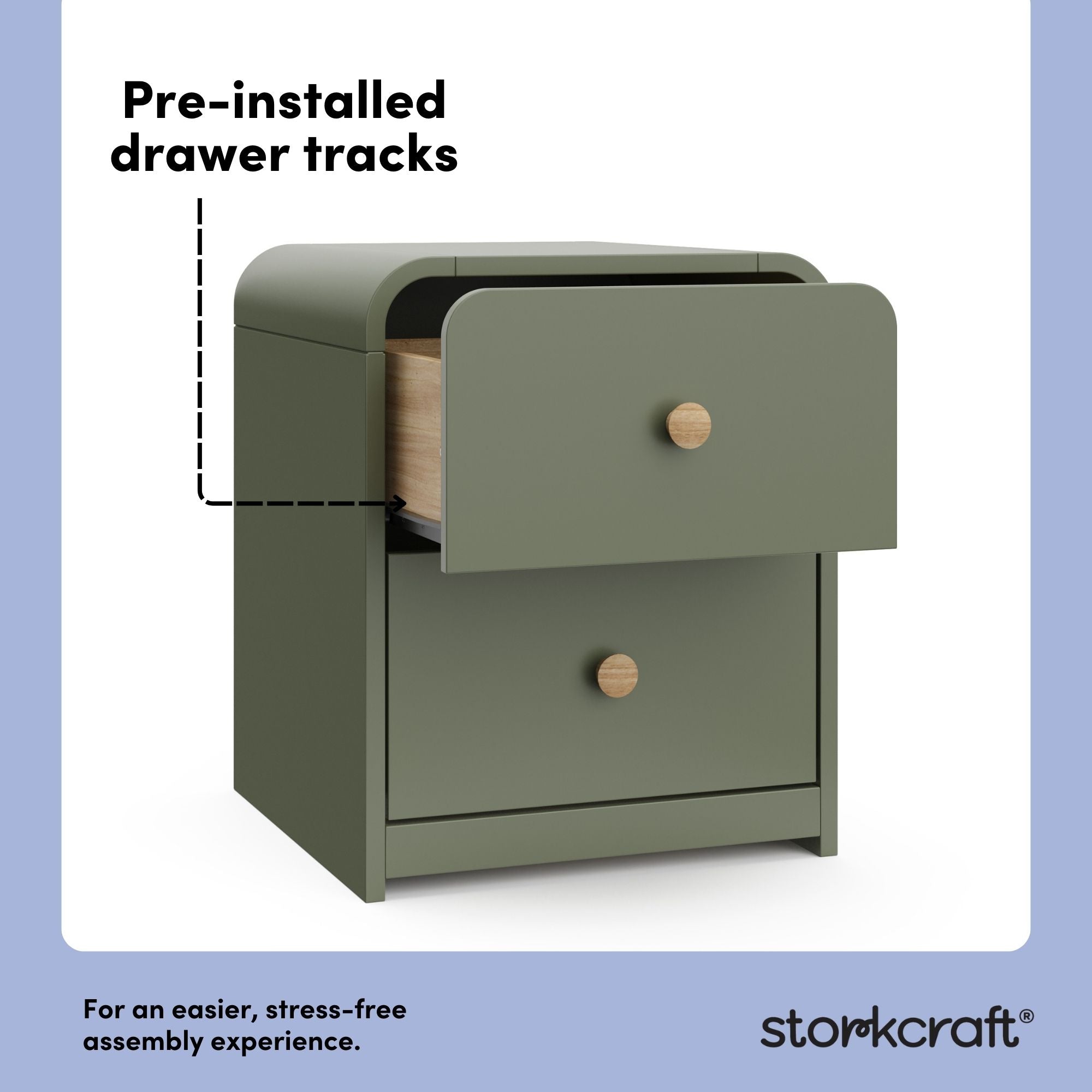 Santos olive nightstand pre-installed drawer tracks callout