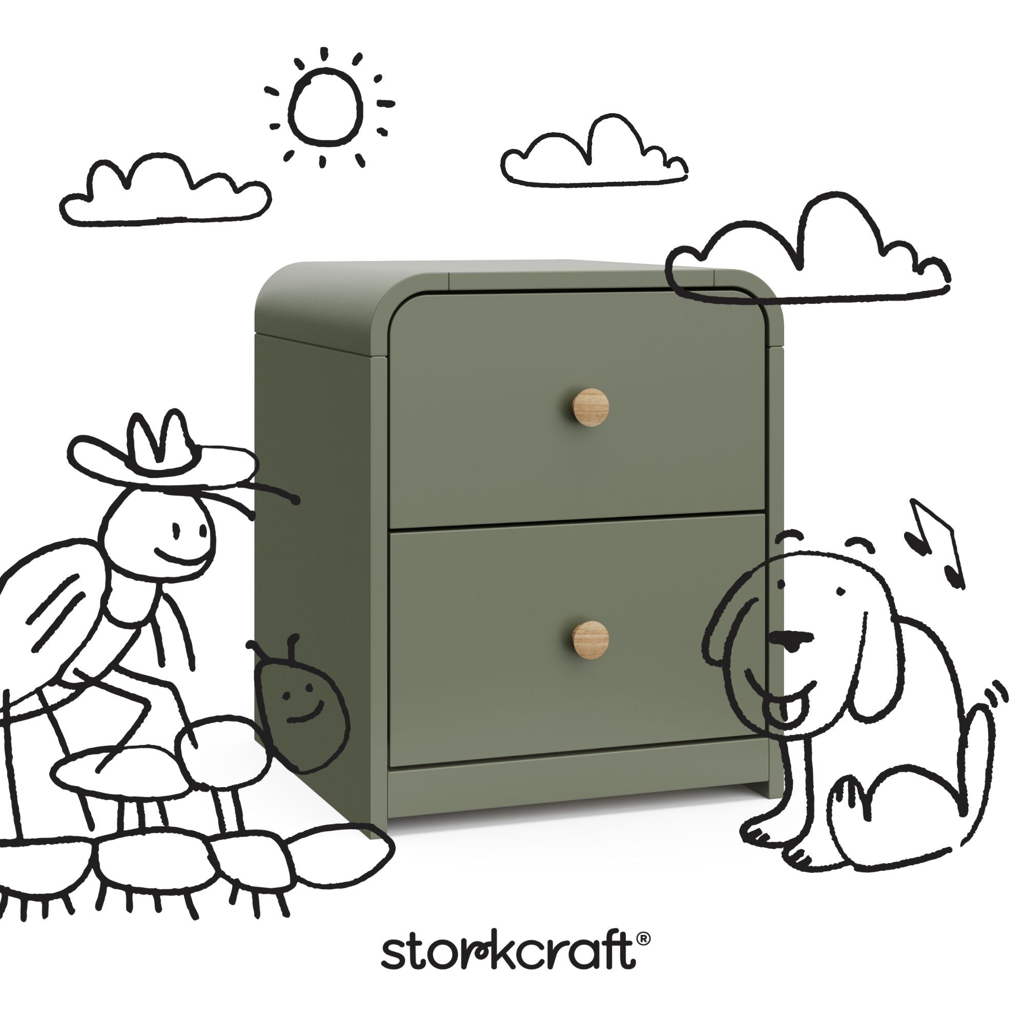 Santos olive nightstand with black doodles overlaid on image
