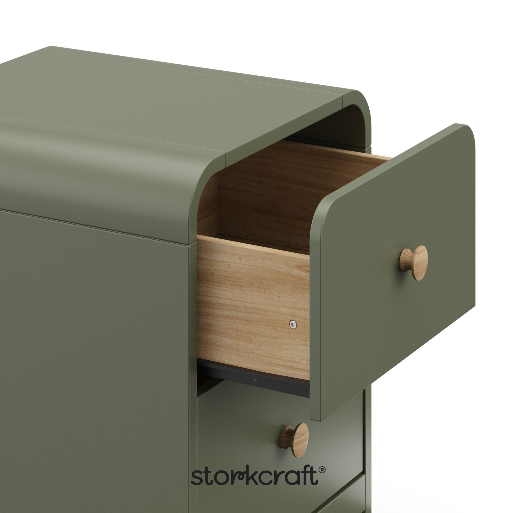 Santos olive nightstand close up of top drawer open with Storkcraft logo on bottom