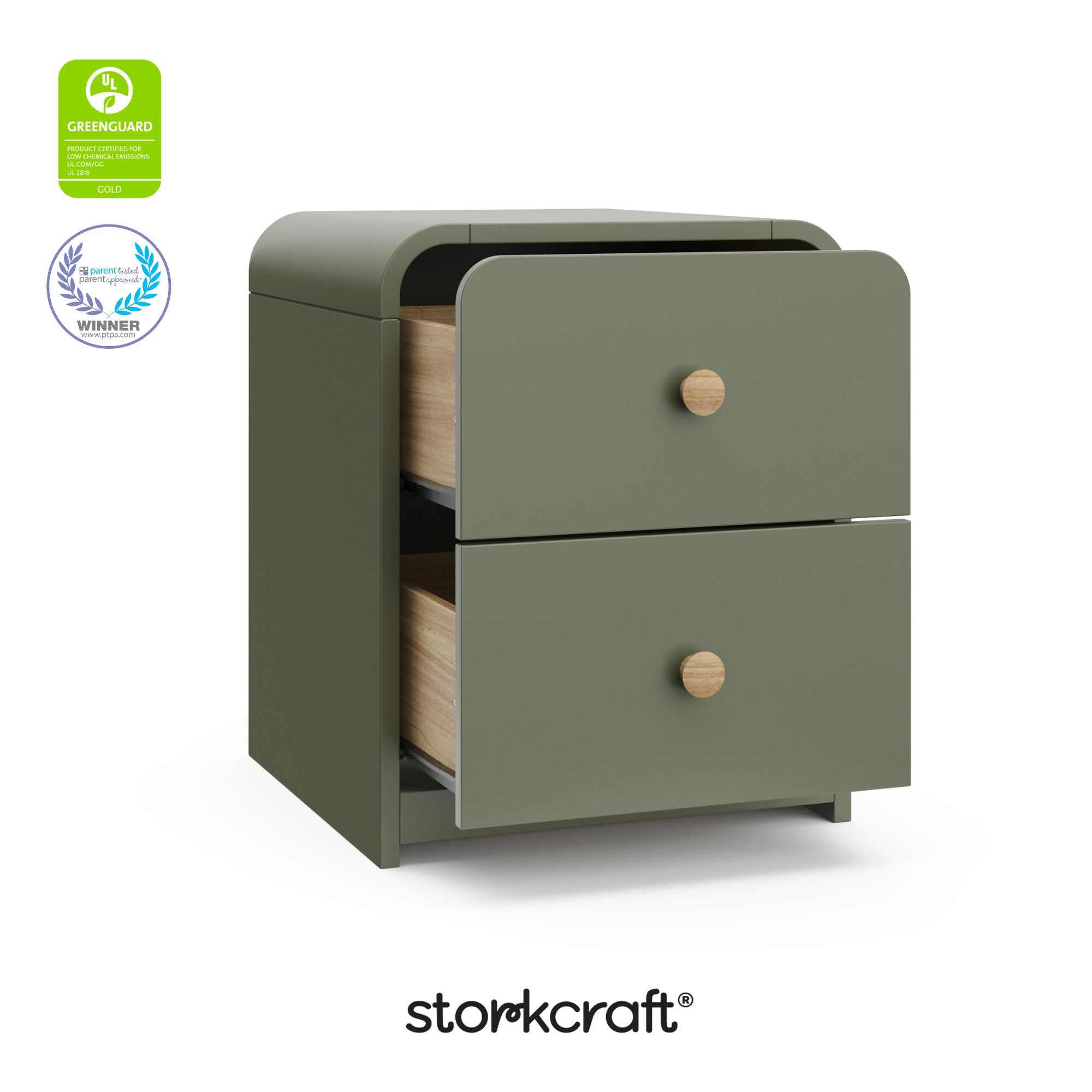 Santos olive nightstand with GGG and PTPA logos on top left
