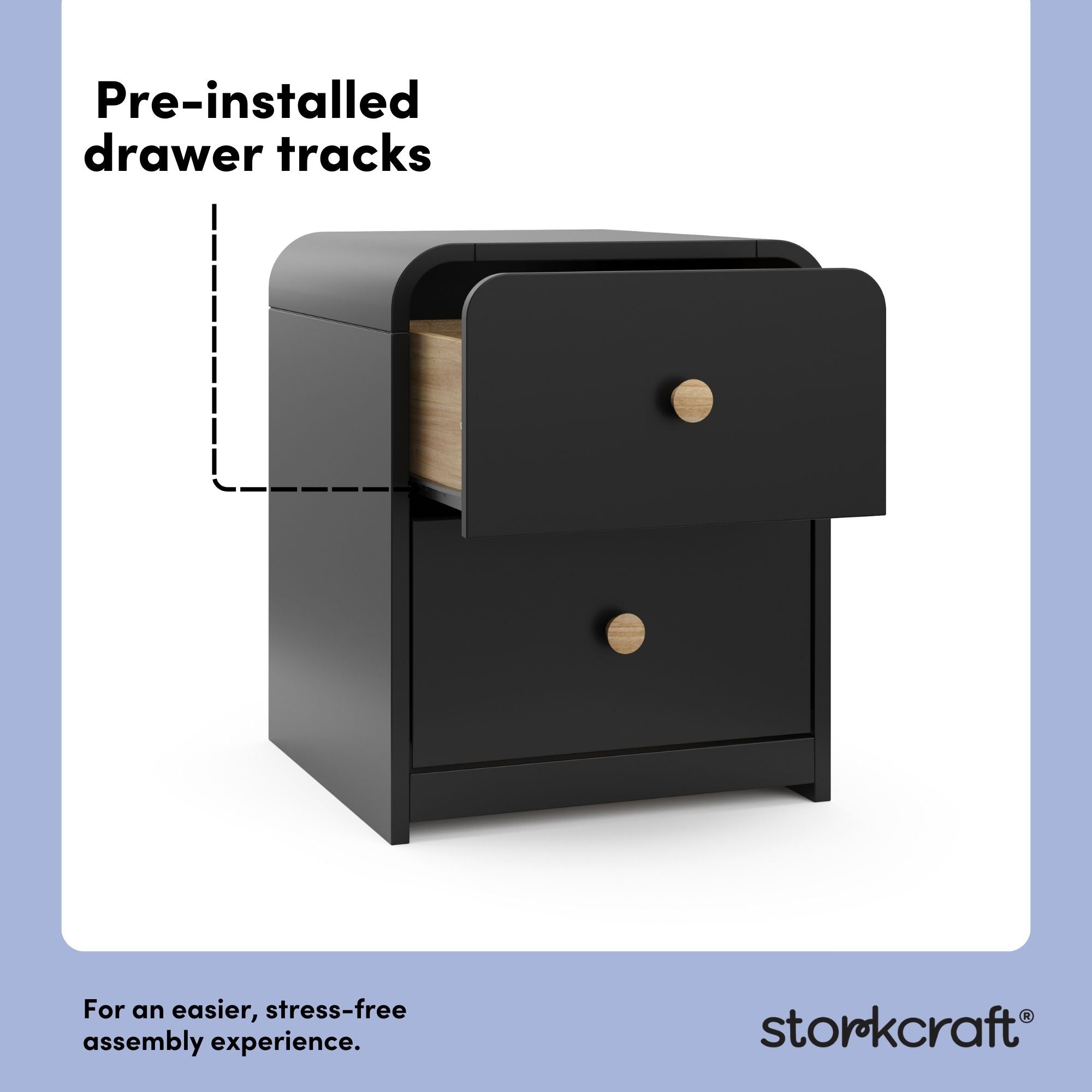 Santos black nightstand pre-installed drawer tracks callout