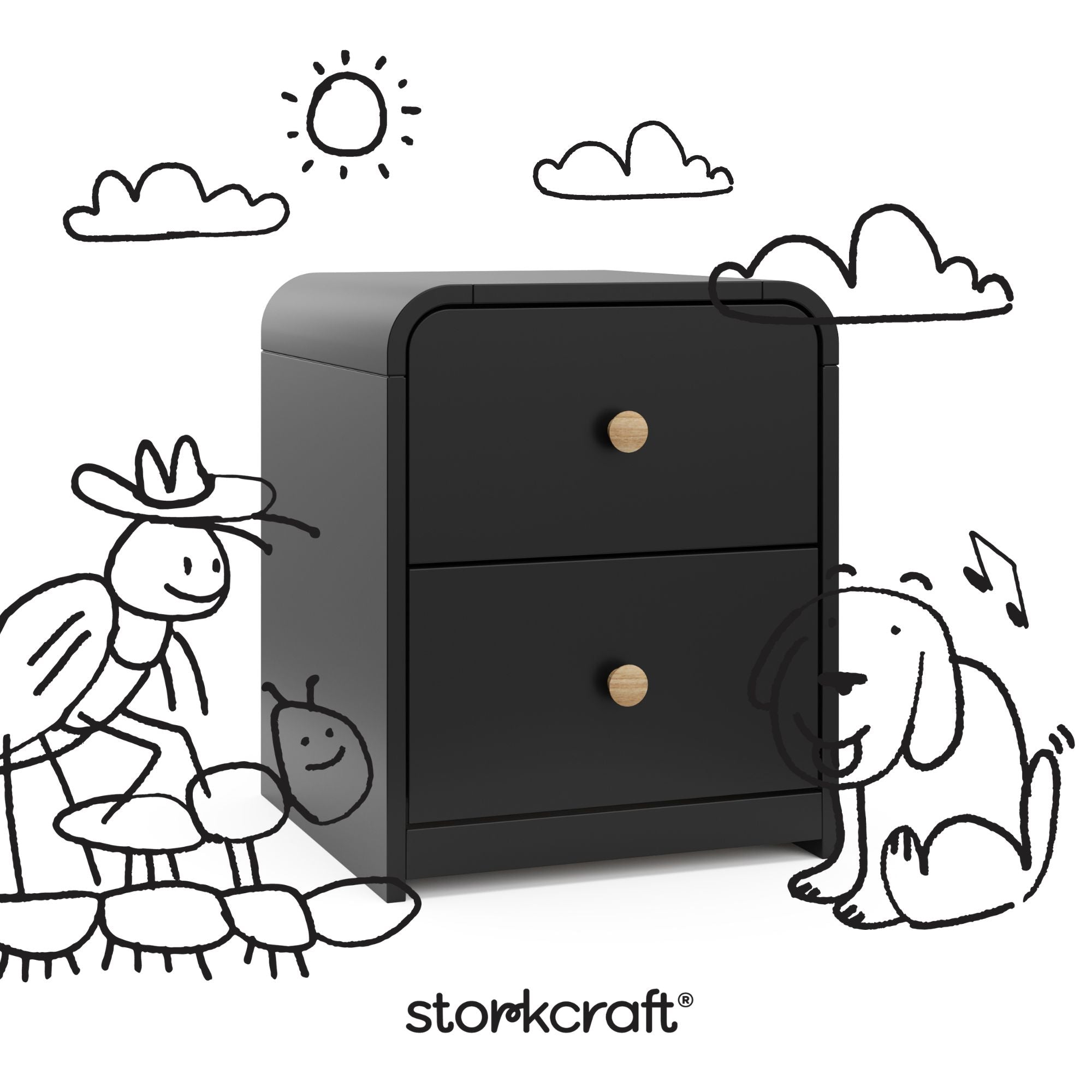 Santos black nightstand with black doodles overlaid on image