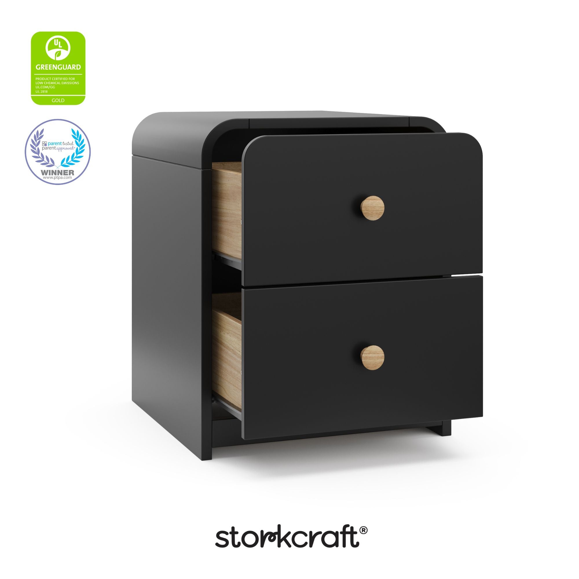 Santos black nightstand with GGG and PTPA logos on top left