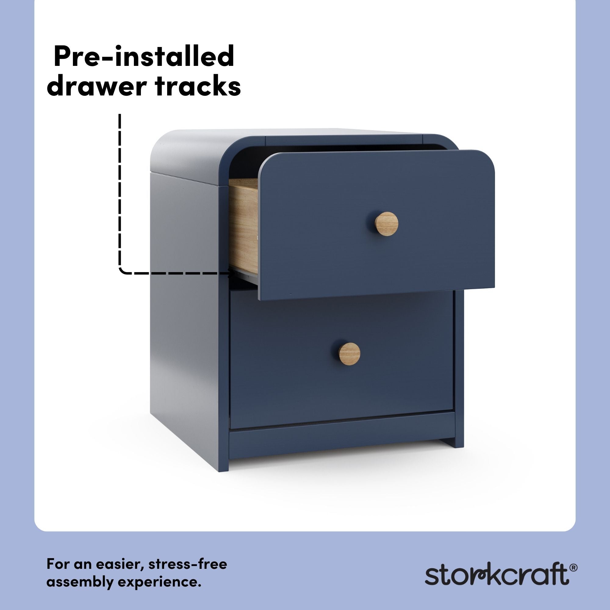 Santos midnight blue nightstand pre-installed drawer tracks callout