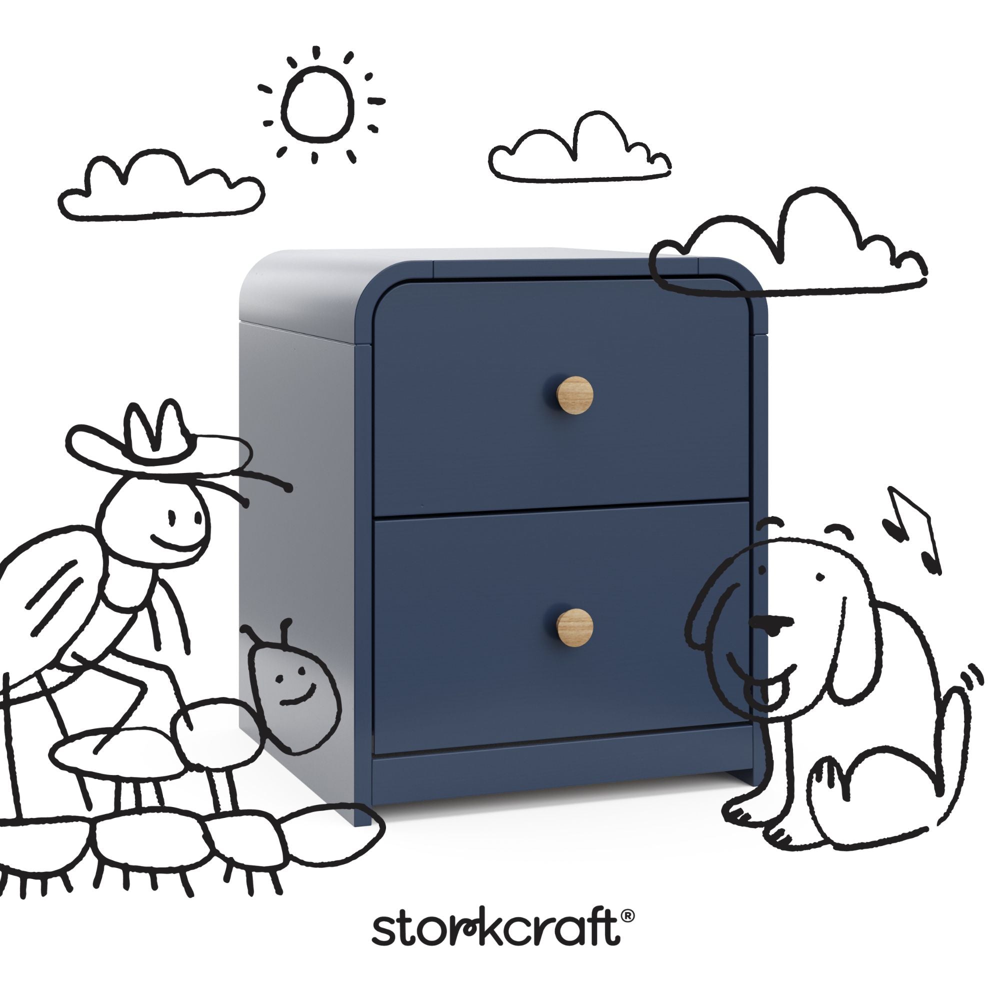 Santos midnight blue nightstand with black doodles overlaid on image