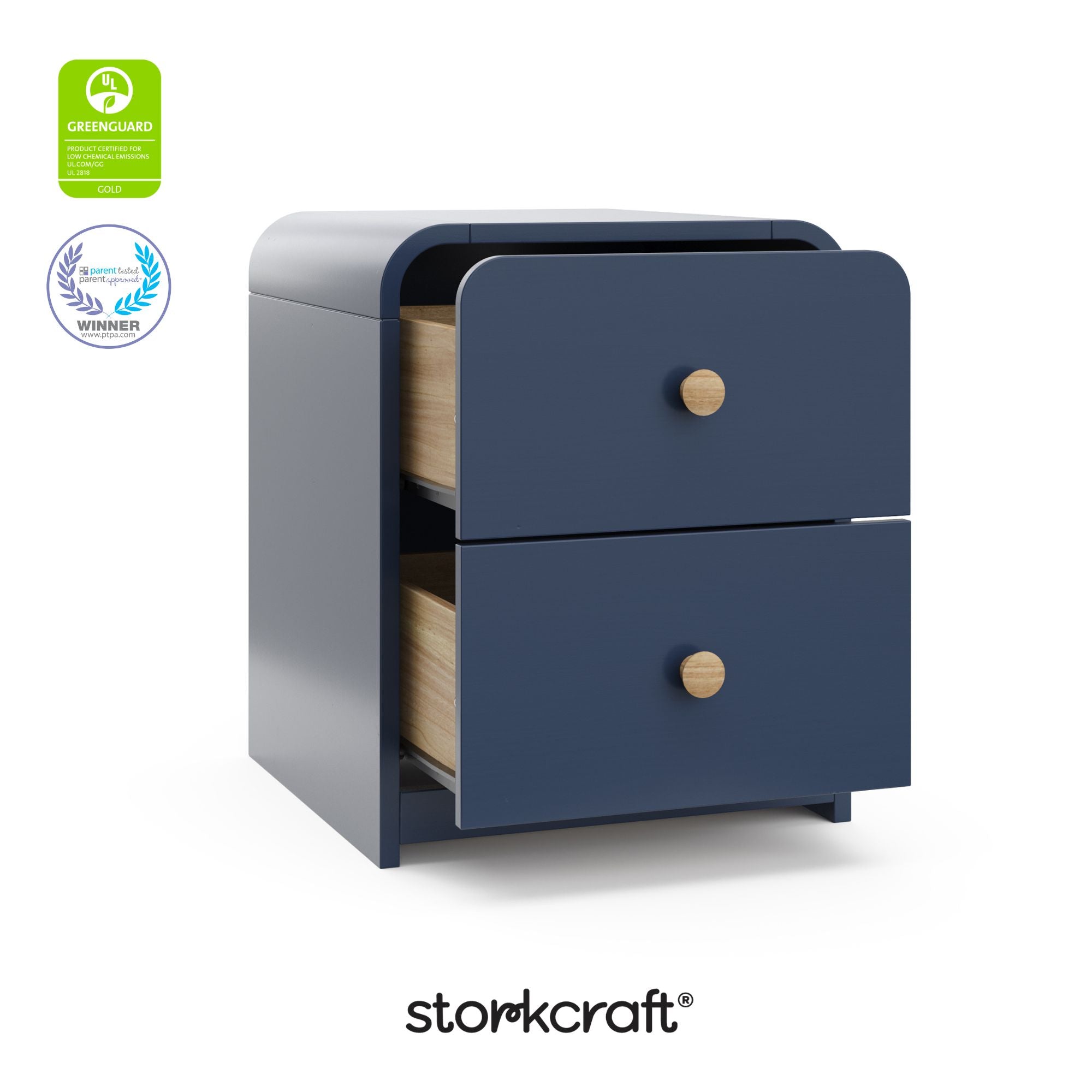 Santos midnight blue nightstand with GGG and PTPA logos on top left