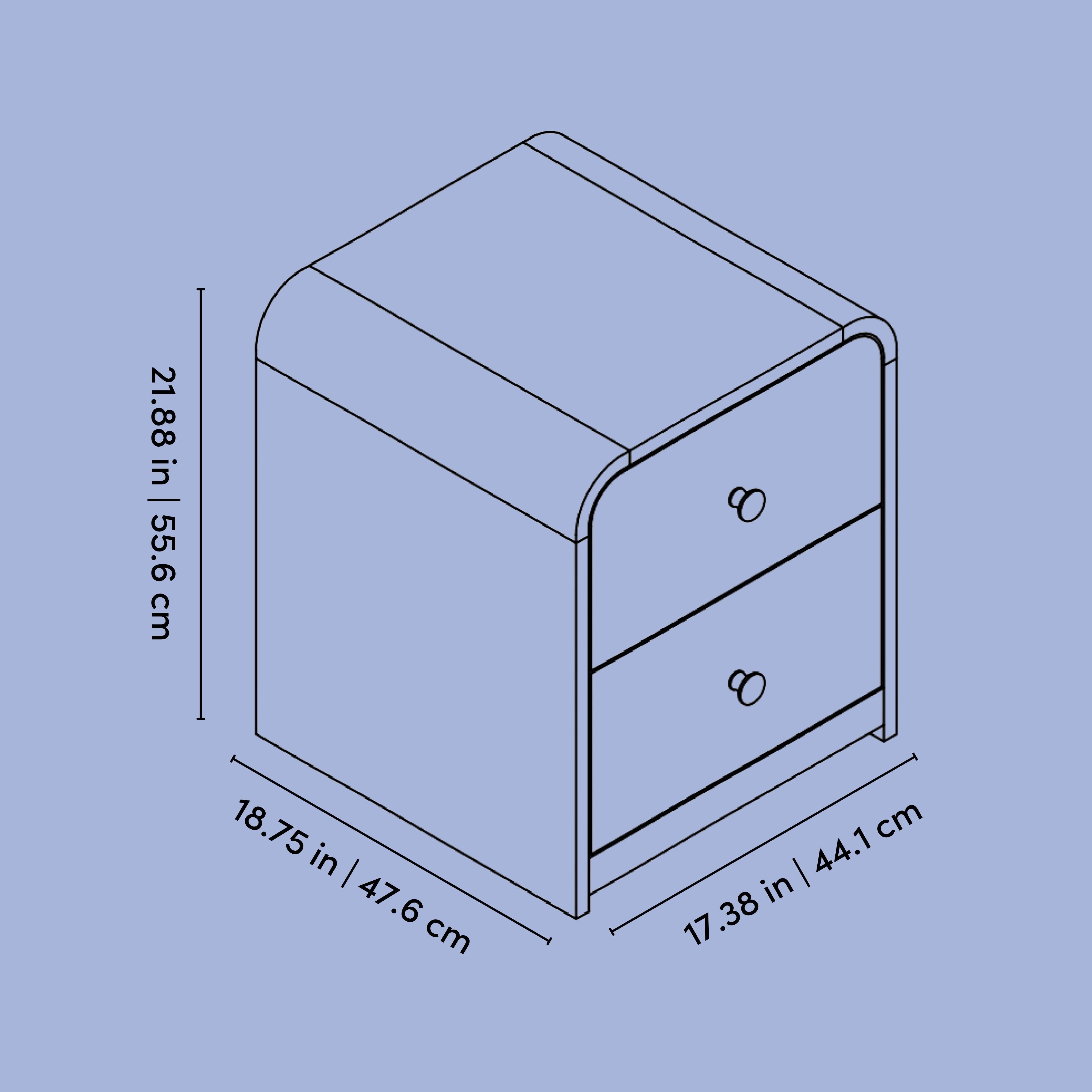Santos 2 drawer nightstand line drawing with dimensions