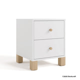 California white with driftwood 2 drawer nightstand with 2025 Storkcraft copyright on bottom right