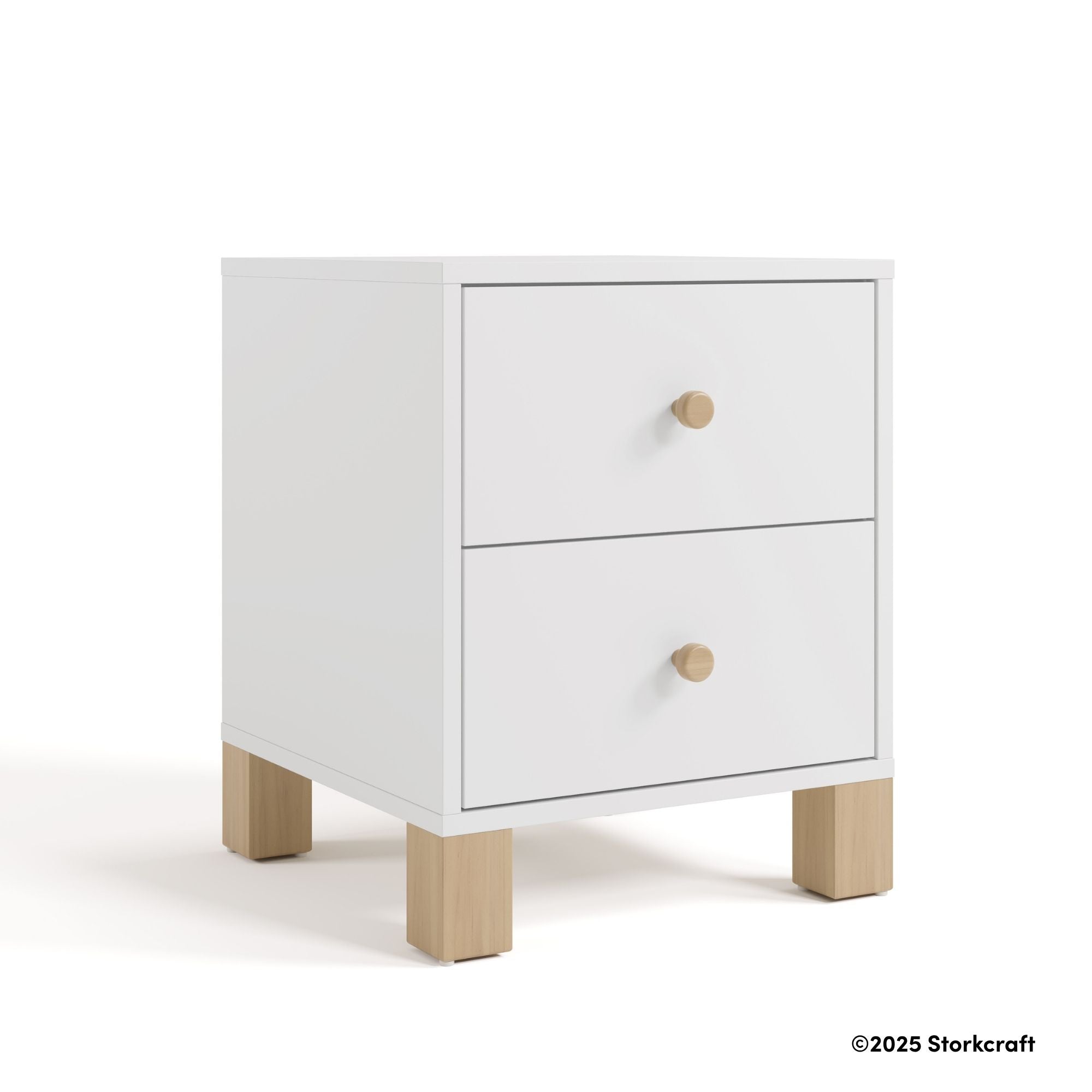California white with driftwood 2 drawer nightstand with 2025 Storkcraft copyright on bottom right