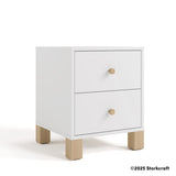 California white and driftwood 2 drawer nightstand angle view with 2025 Storkcraft copyright on bottom right