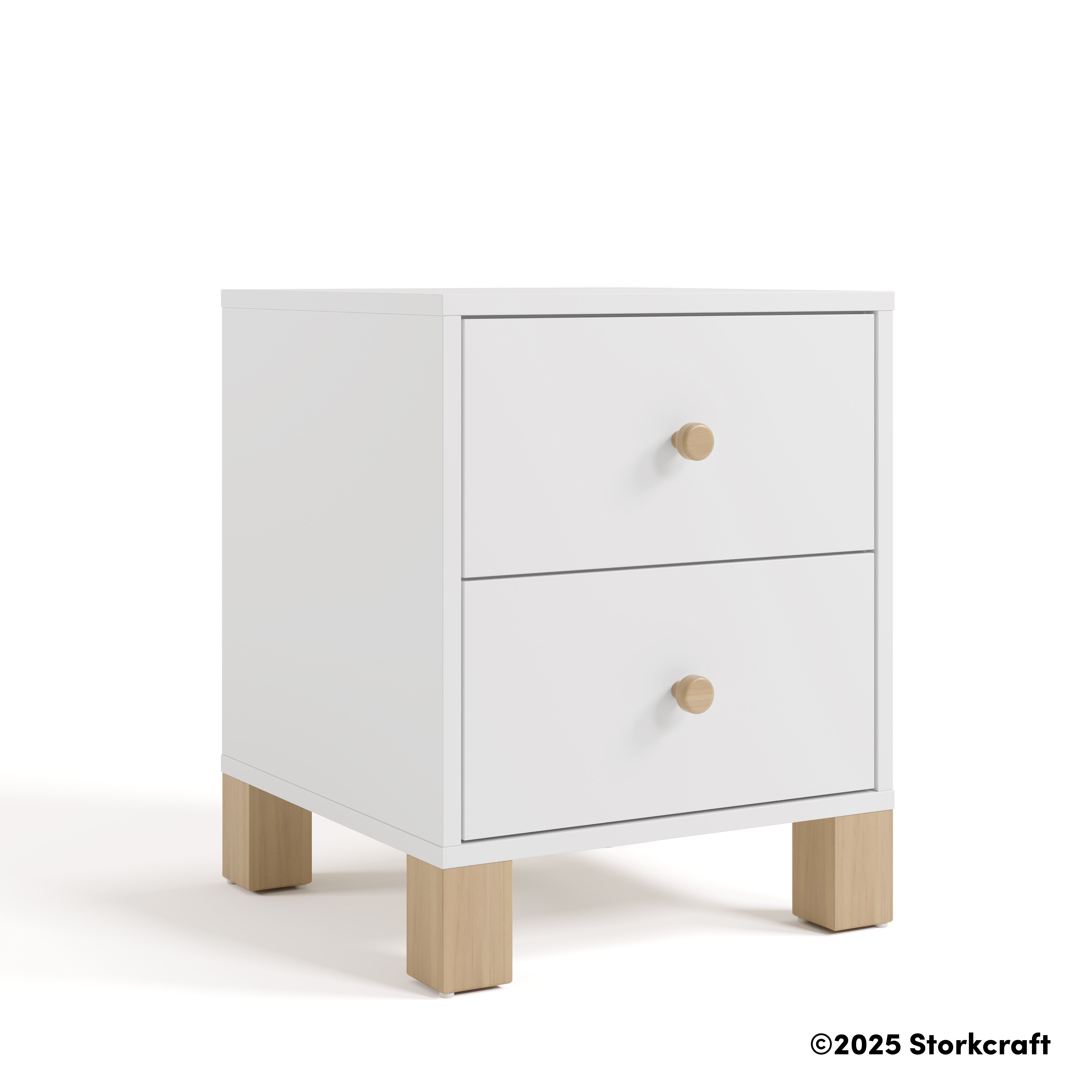 California white and driftwood 2 drawer nightstand angle view with 2025 Storkcraft copyright on bottom right