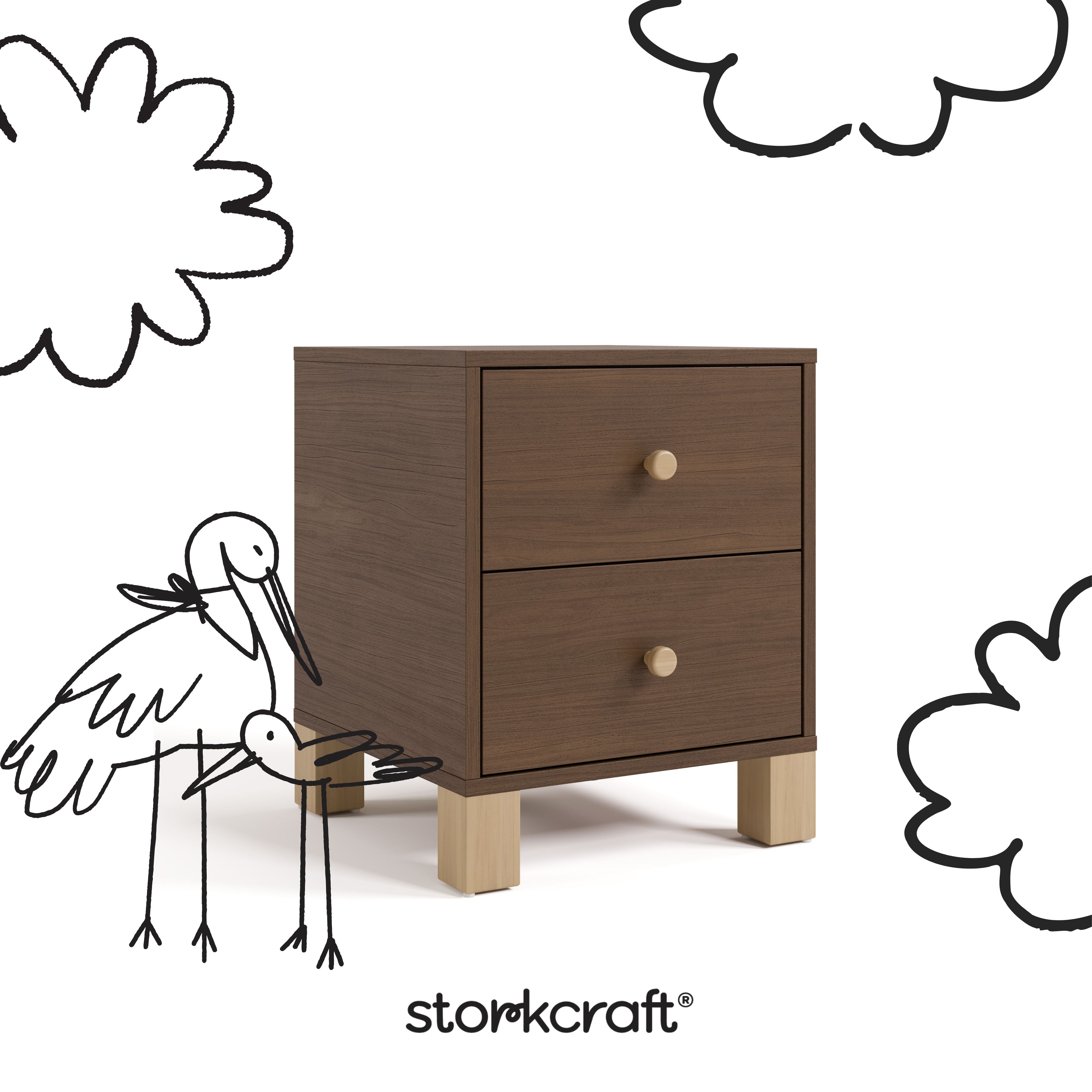 California hazelnut with driftwood 2 drawer nightstand with black doodles overlaid on image