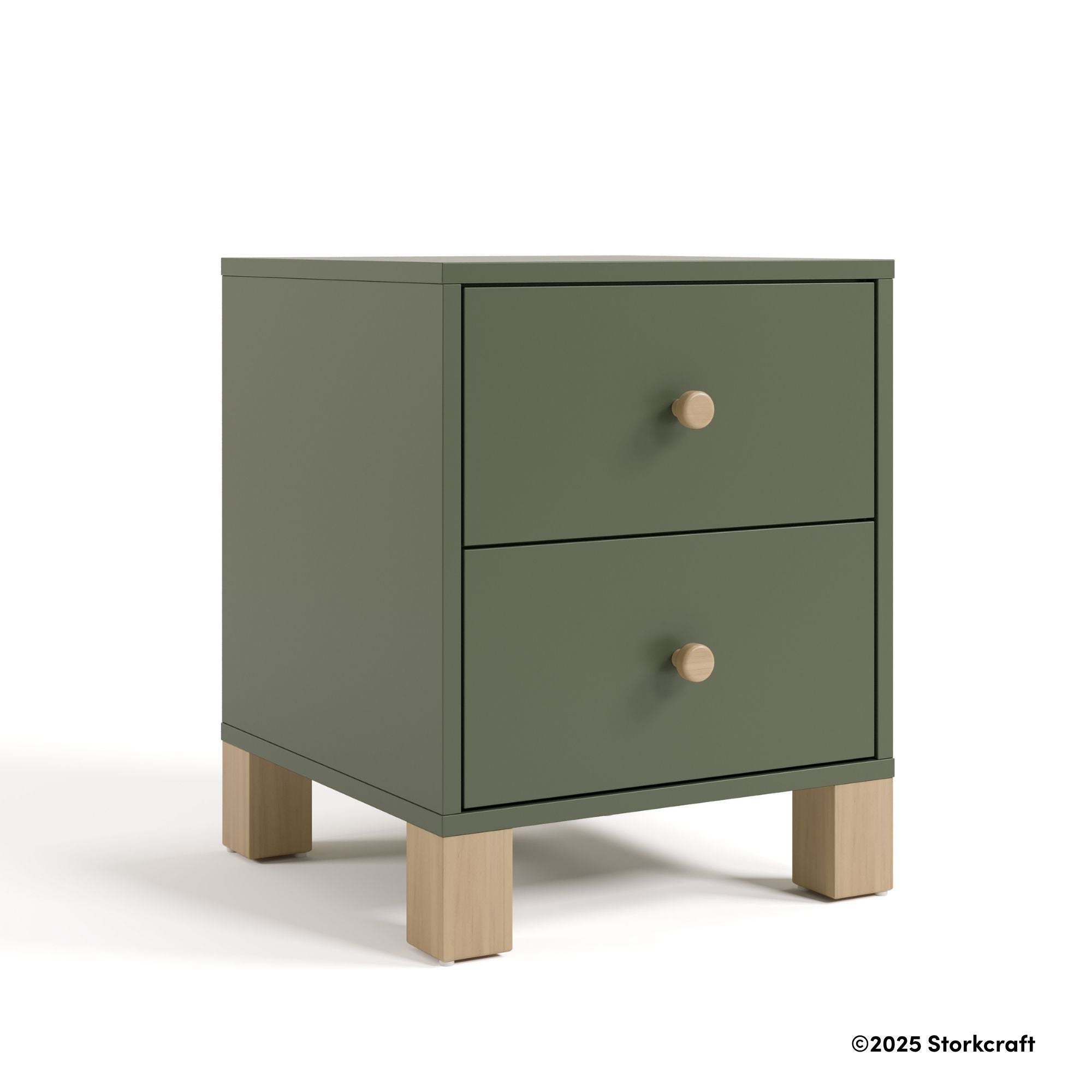 California olive with driftwood 2 drawer nightstand with 2025 Storkcraft copyright on bottom right