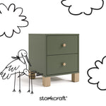 California olive with driftwood 2 drawer nightstand with black doodles overlaid on image