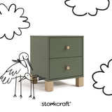 California olive with driftwood 2 drawer nightstand with black doodles overlaid on image