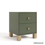 California olive and driftwood 2 drawer nightstand angle view with 2025 Storkcraft copyright on bottom right