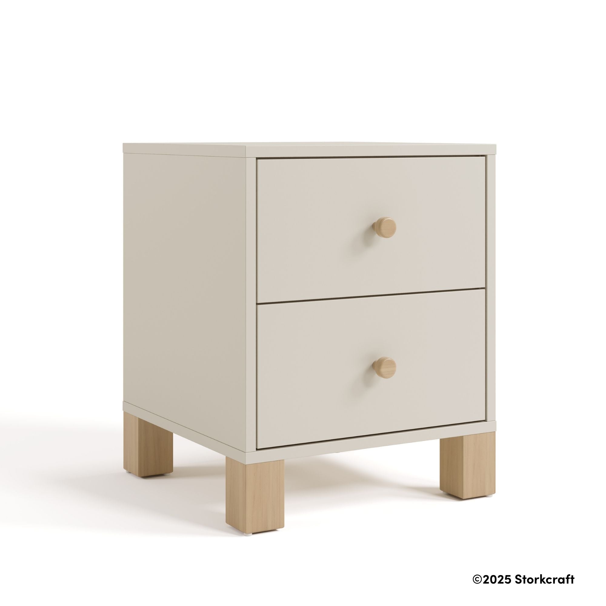 California frosted oat with driftwood 2 drawer nightstand with 2025 Storkcraft copyright on bottom right