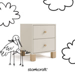 California frosted oat with driftwood 2 drawer nightstand with black doodles overlaid on image