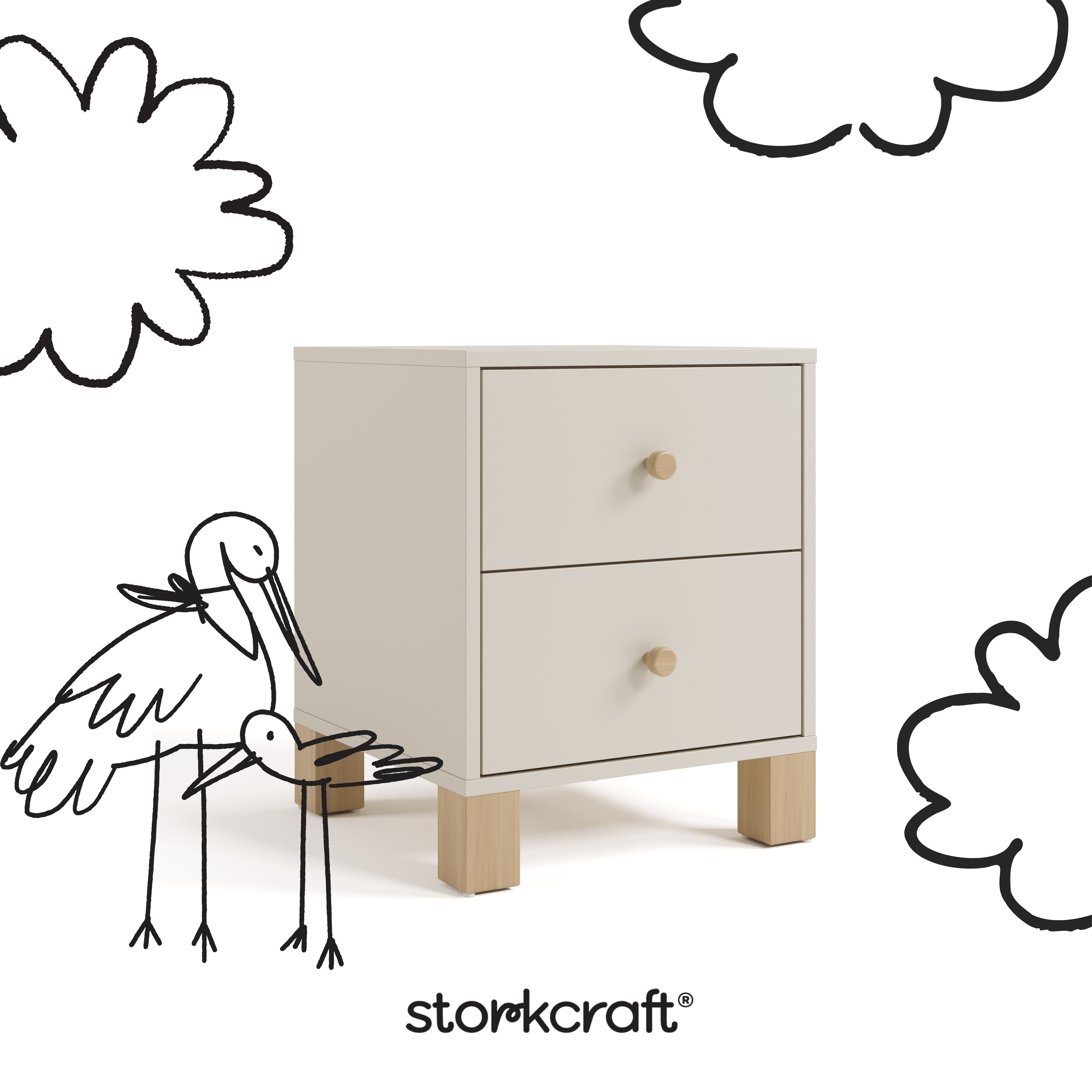 California frosted oat with driftwood 2 drawer nightstand with black doodles overlaid on image