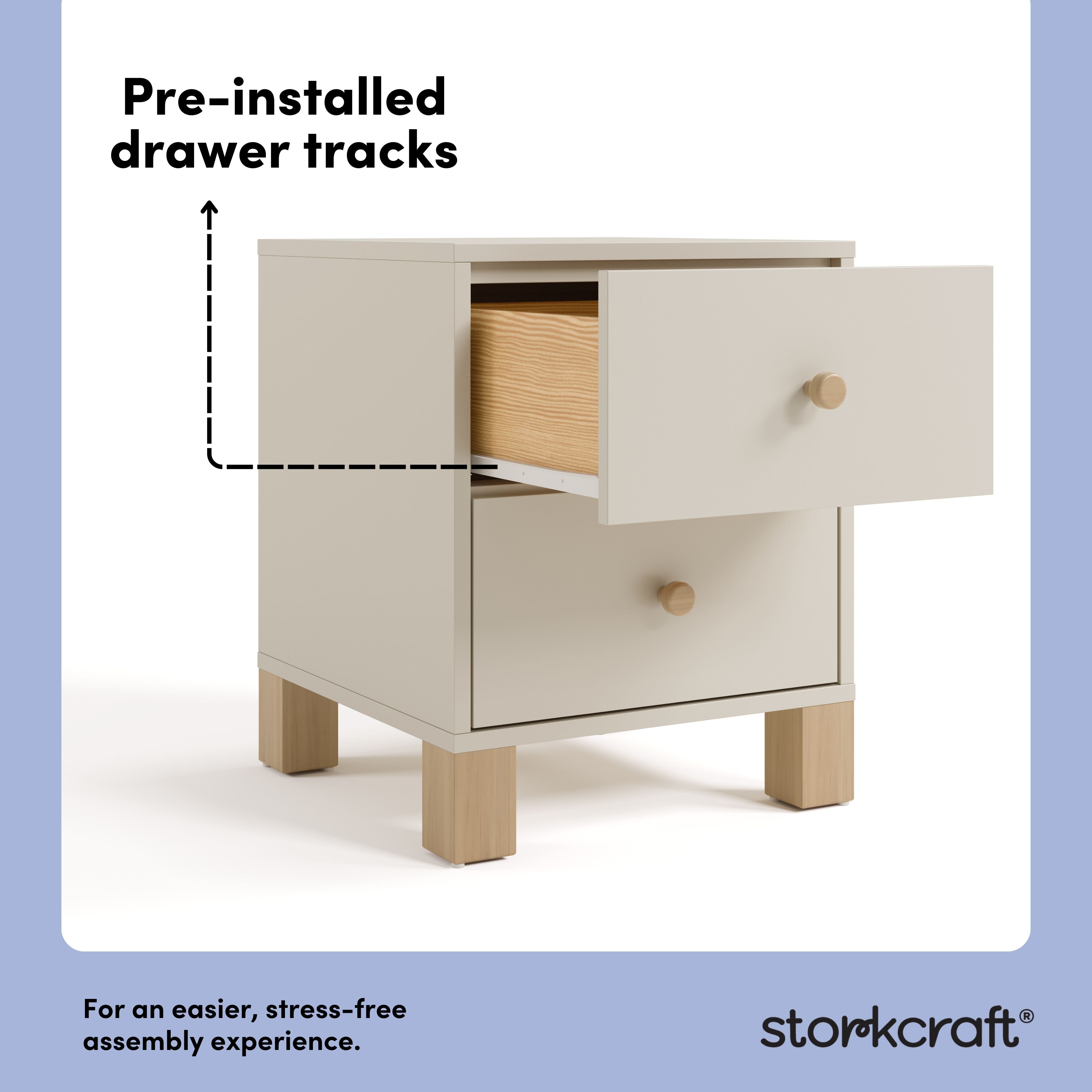 California frosted oat with driftwood 2 drawer nightstand pre-installed drawer tracks callout