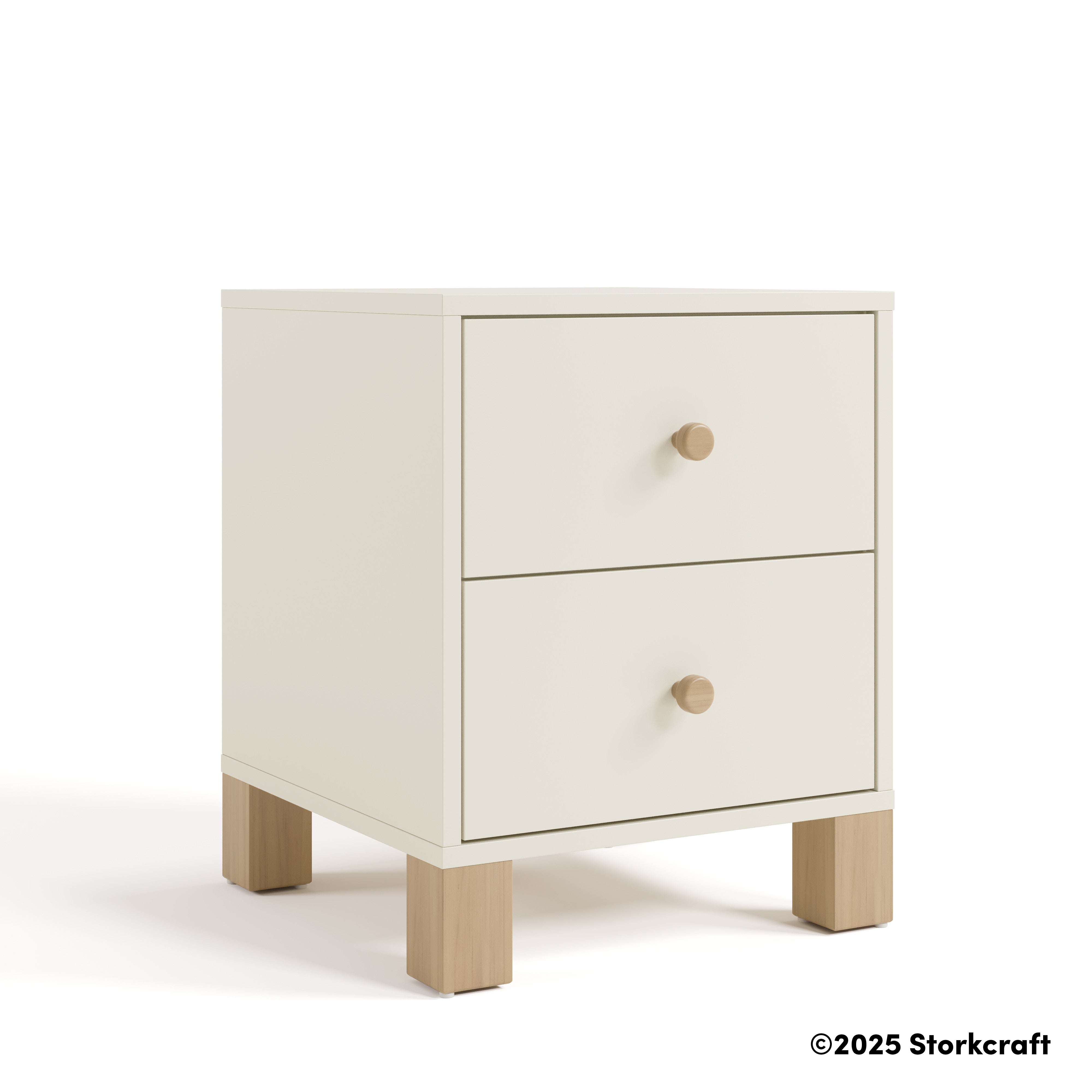 California frosted oat and driftwood 2 drawer nightstand angle view with 2025 Storkcraft copyright on bottom right