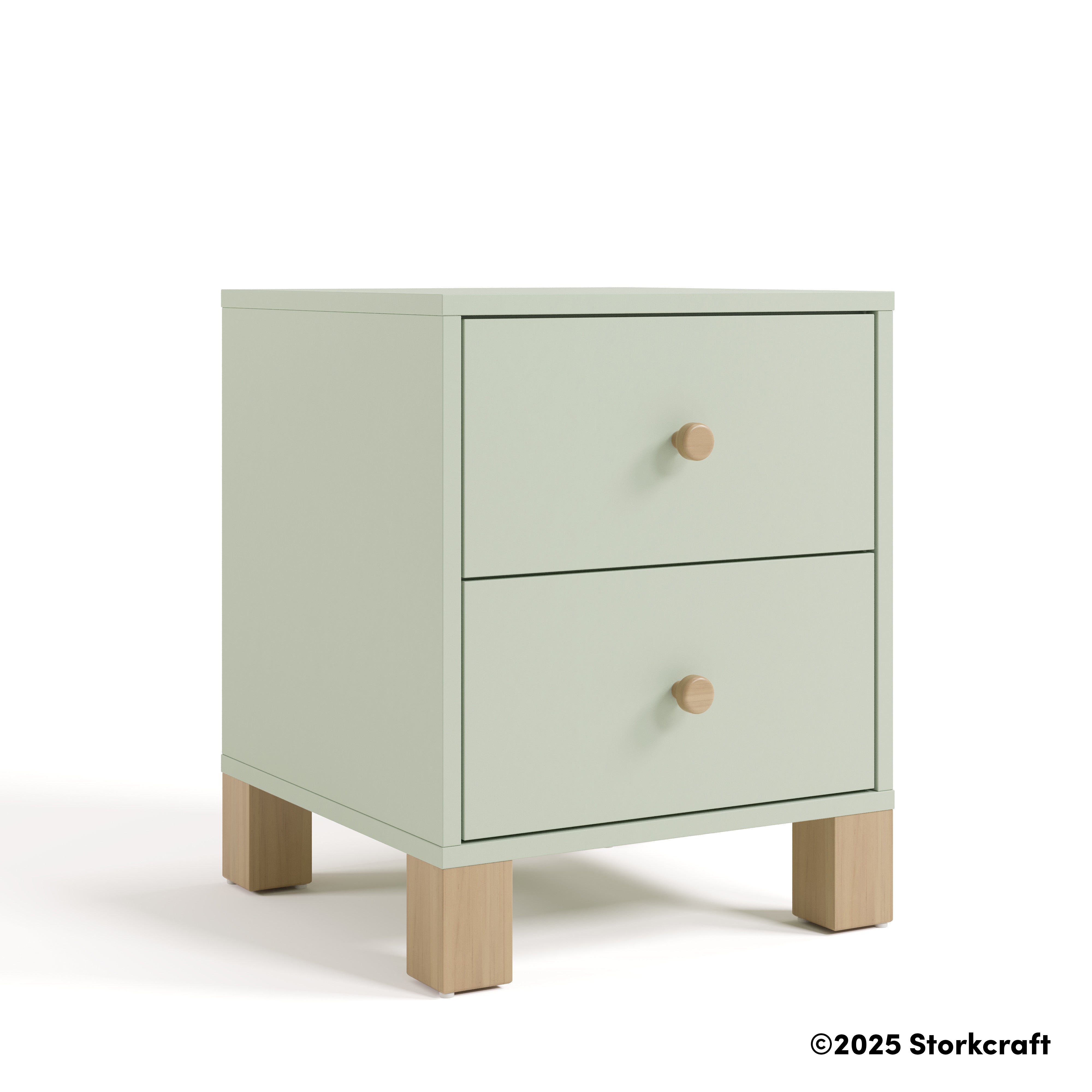 California sage and driftwood 2 drawer nightstand angle view with 2025 Storkcraft copyright on bottom right