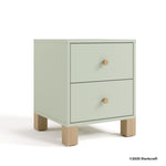 California sage with driftwood 2 drawer nightstand with 2025 Storkcraft copyright on bottom right