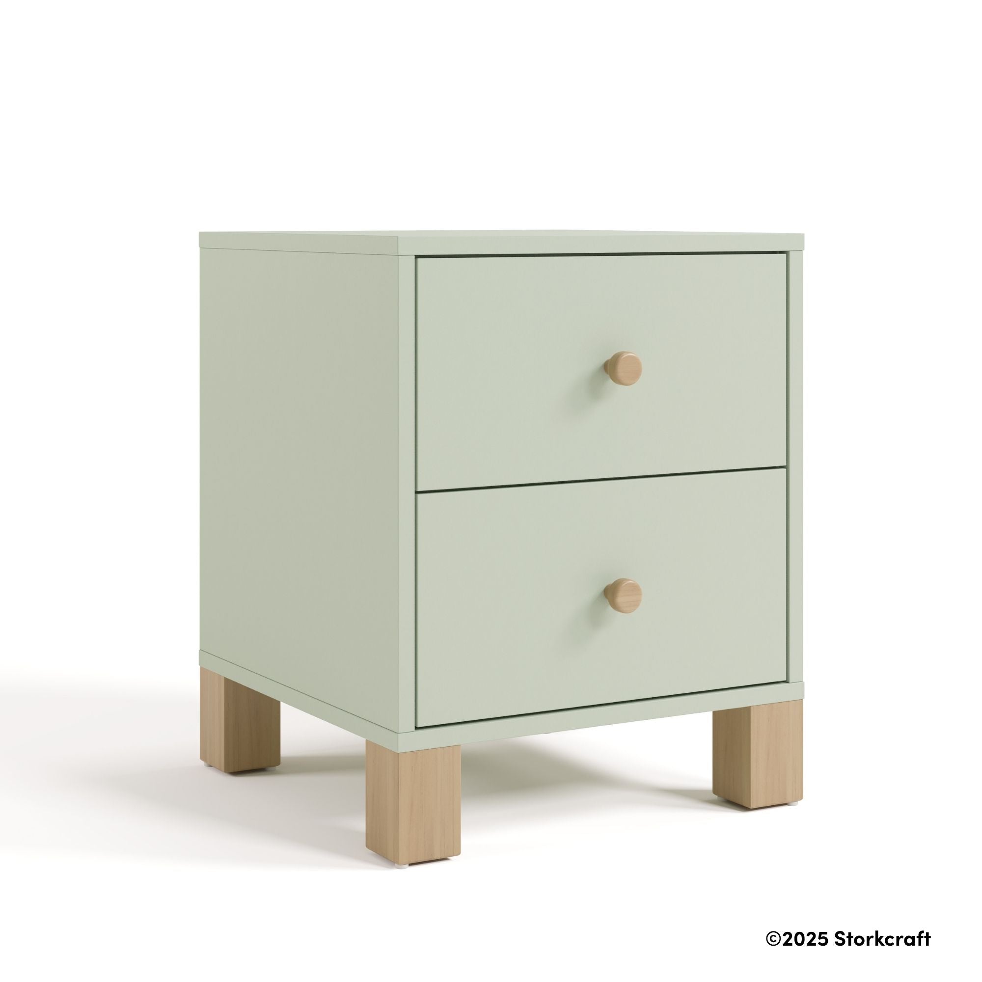California sage with driftwood 2 drawer nightstand with 2025 Storkcraft copyright on bottom right