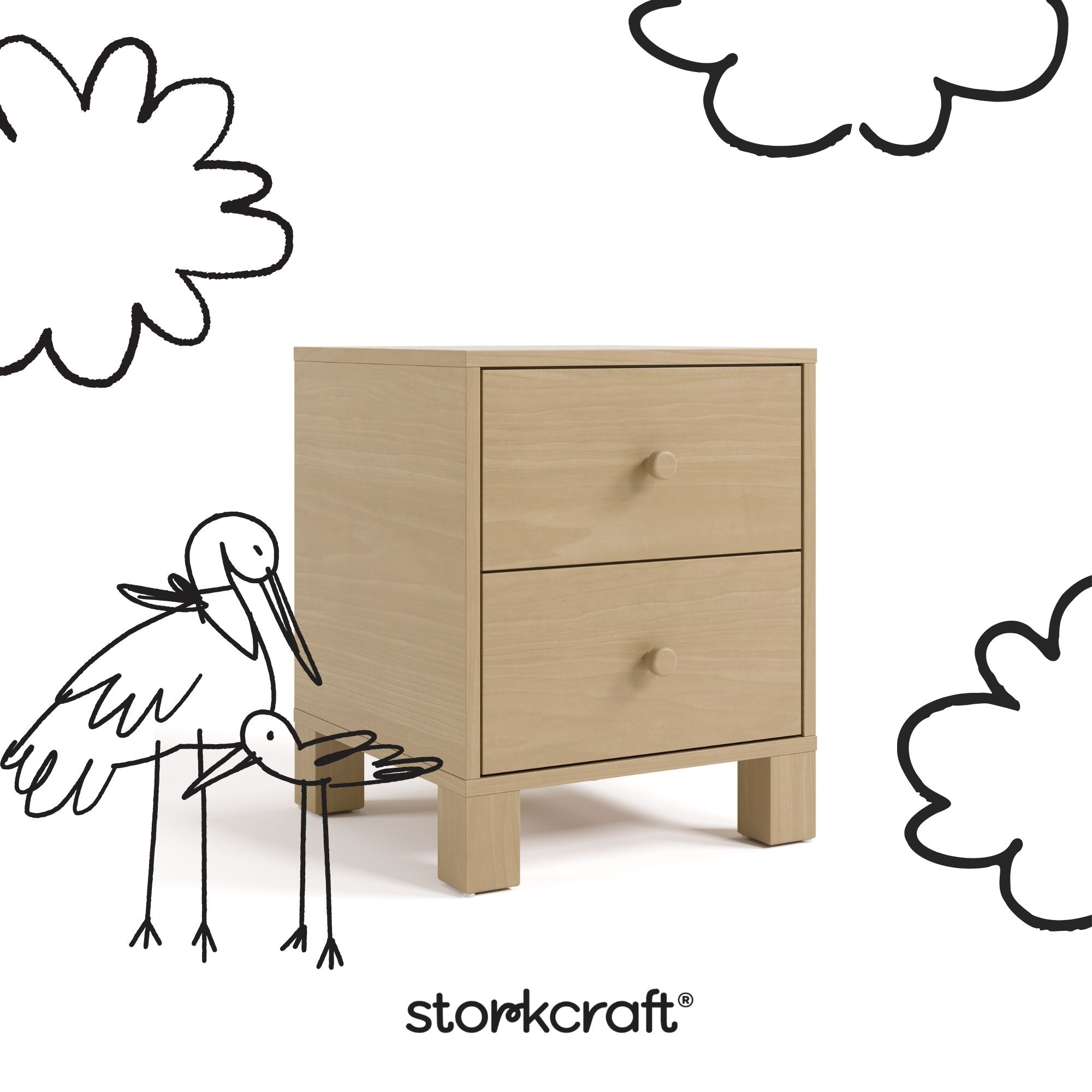 California driftwood 2 drawer nightstand with black doodles overlaid on image