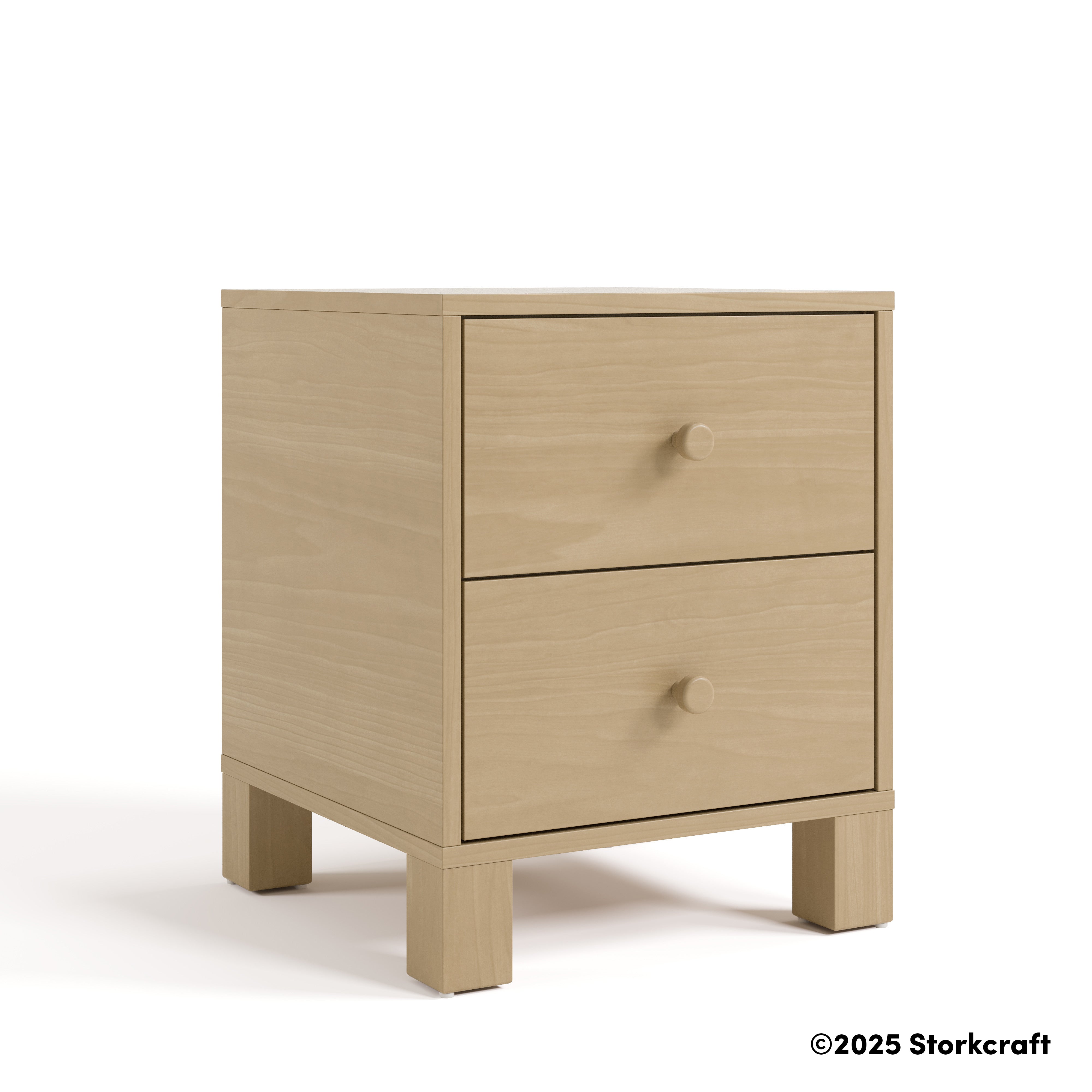 California driftwood 2 drawer nightstand angle view with 2025 Storkcraft copyright on bottom right
