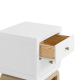 Santorini white with driftwood 2 drawer nightstand top drawer open closeup