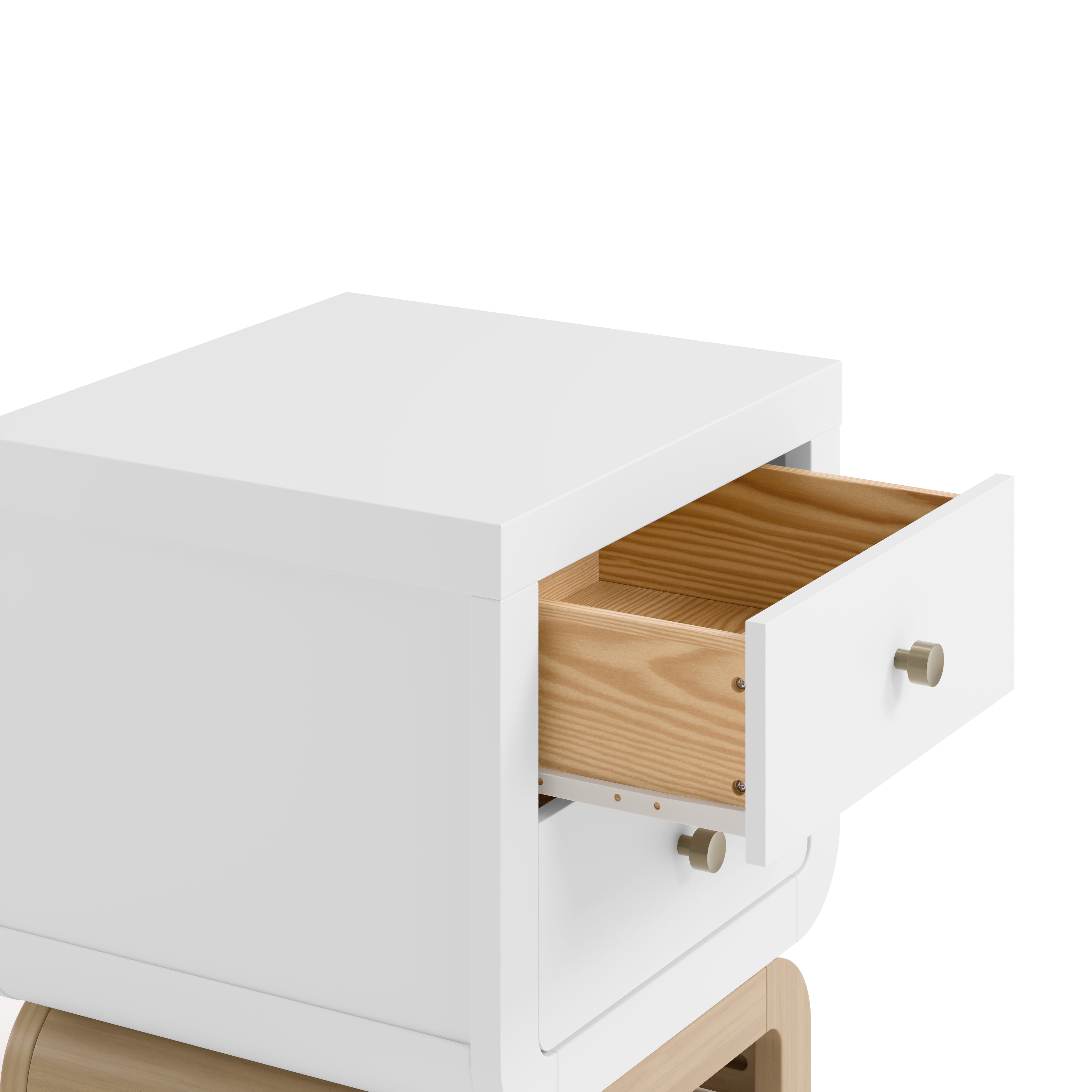Santorini white with driftwood 2 drawer nightstand top drawer open closeup