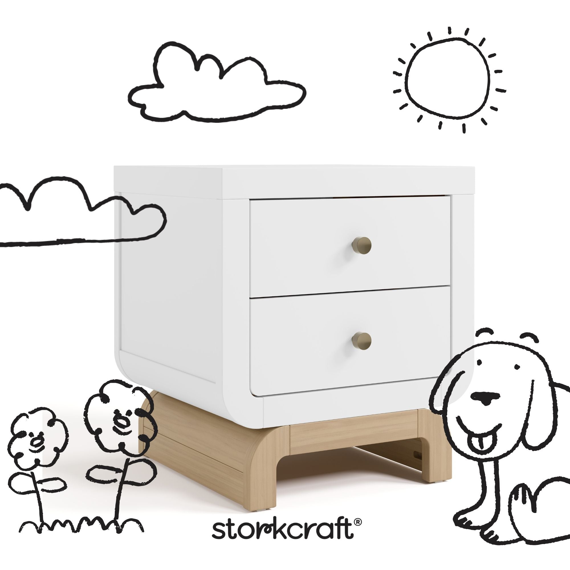 Santorini white with driftwood 2 drawer nightstand with black cartoon drawings